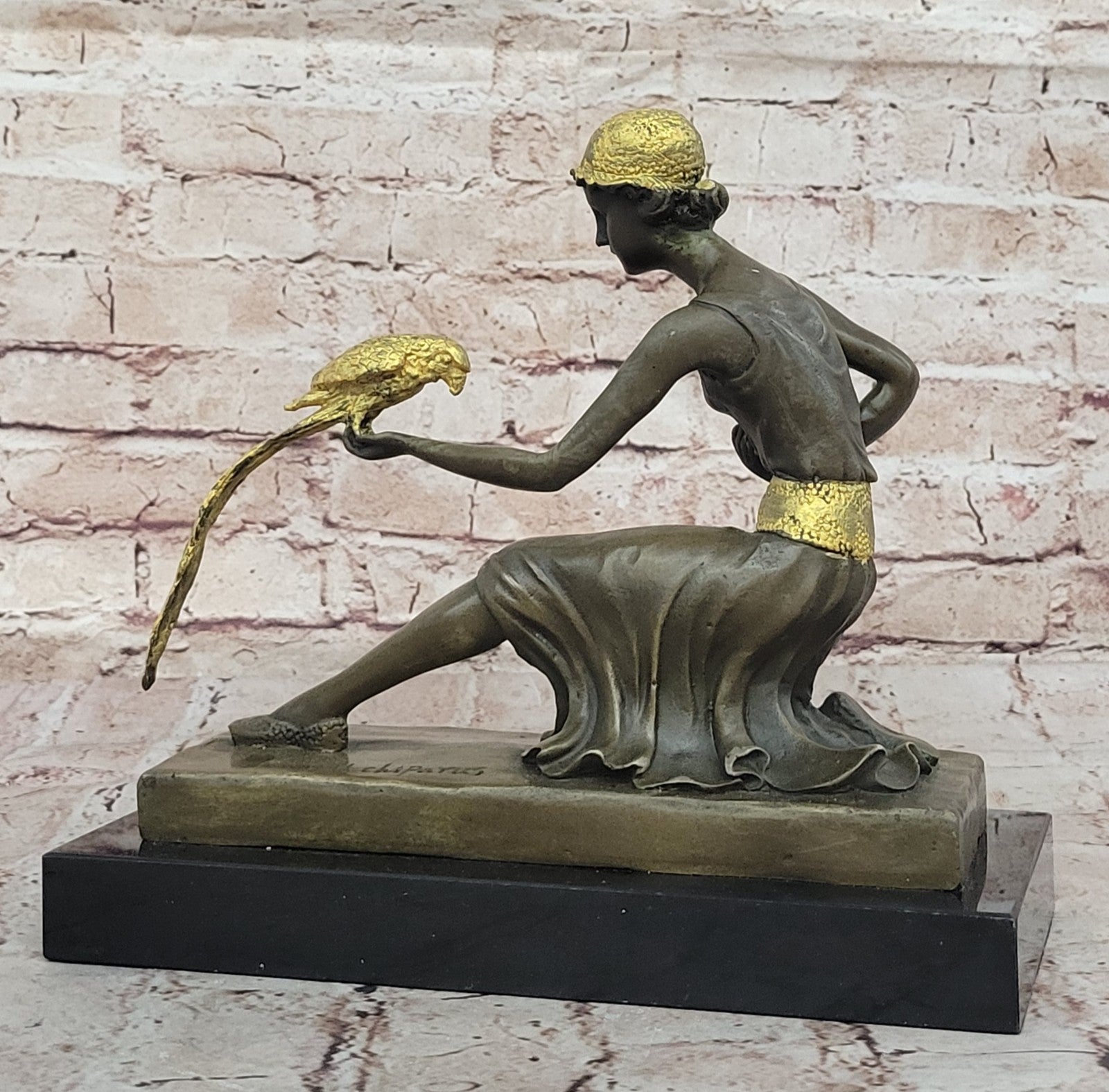 Handcrafted bronze sculpture SALE /Marble Parrot The And Lady Deco Art Chiparus