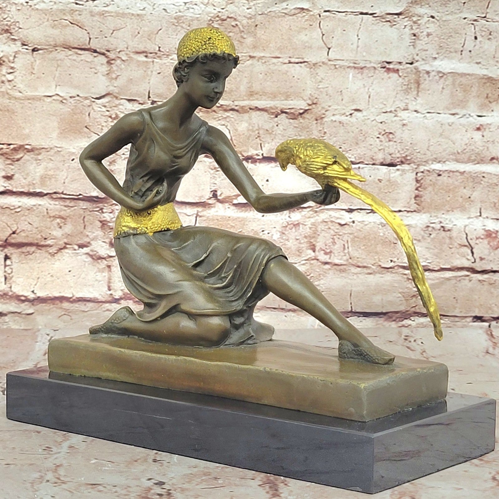 Handcrafted bronze sculpture SALE /Marble Parrot The And Lady Deco Art Chiparus