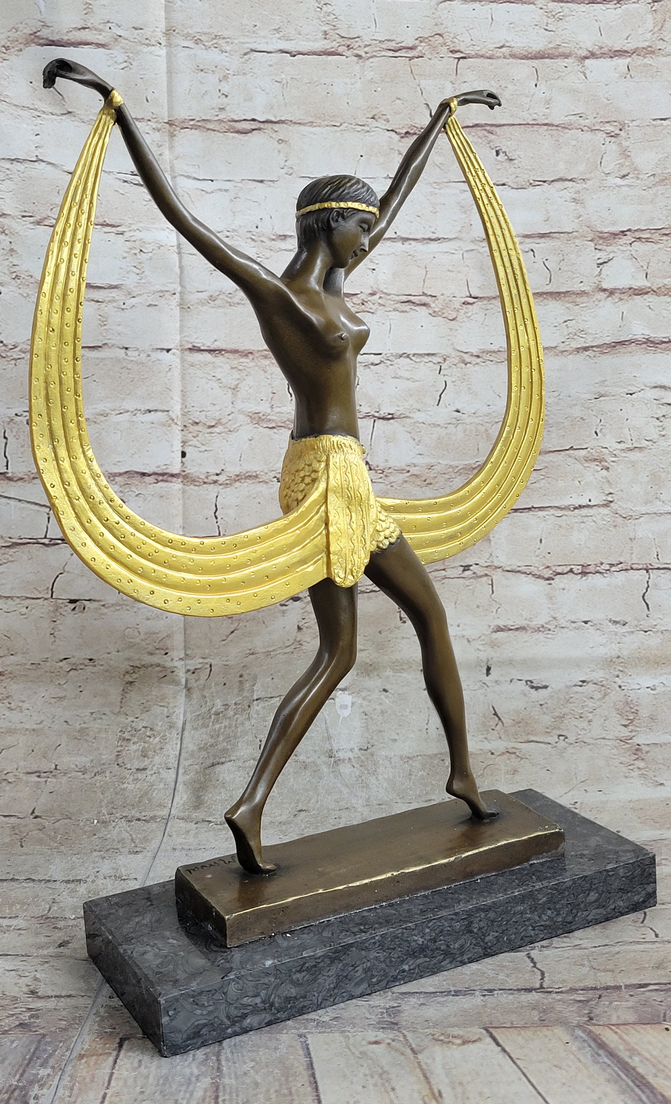Handcrafted bronze sculpture *SALE* Art Deco Signed By Mirval Ribbon Dancer Nude
