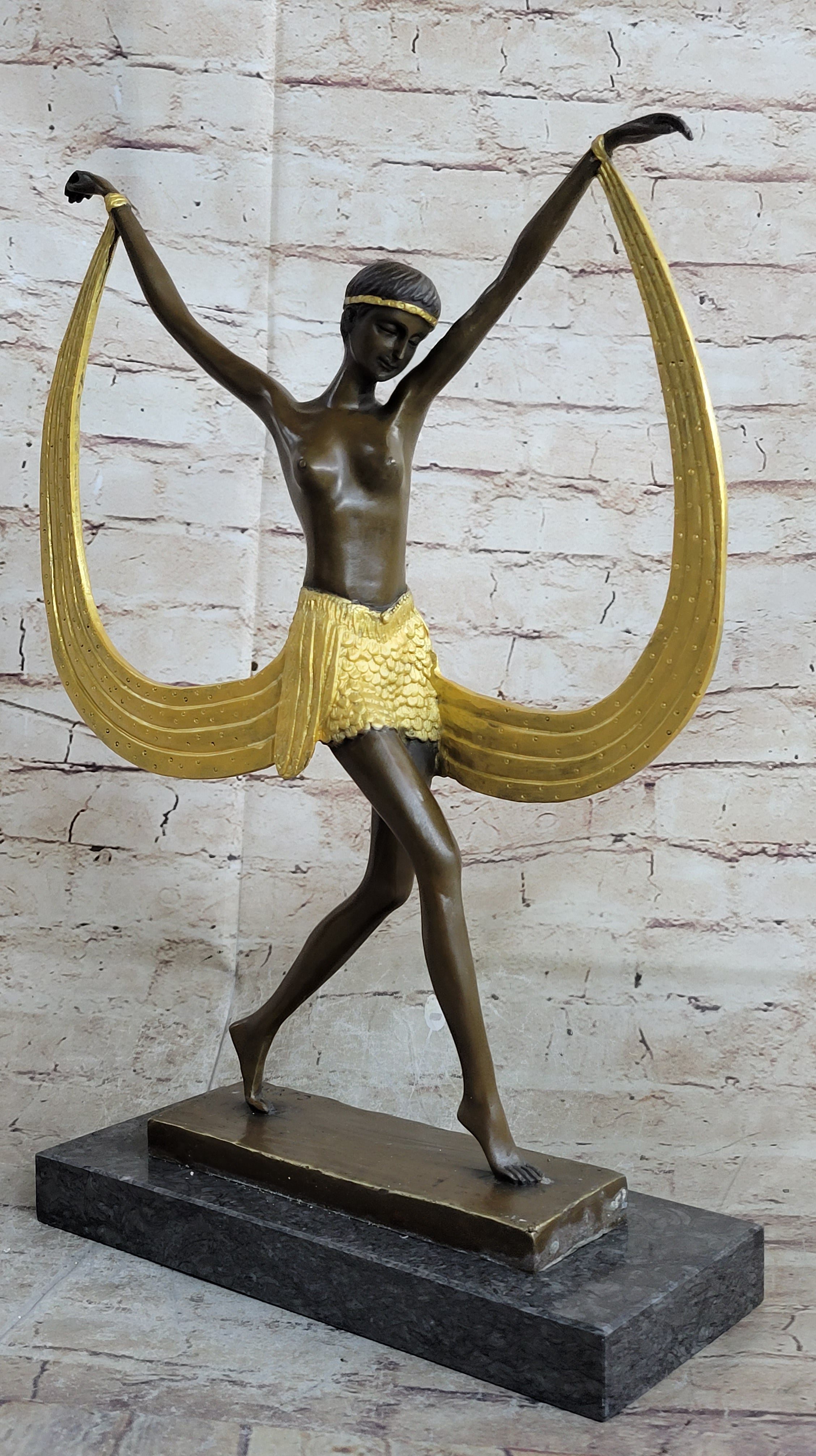 Handcrafted bronze sculpture *SALE* Art Deco Signed By Mirval Ribbon Dancer Nude