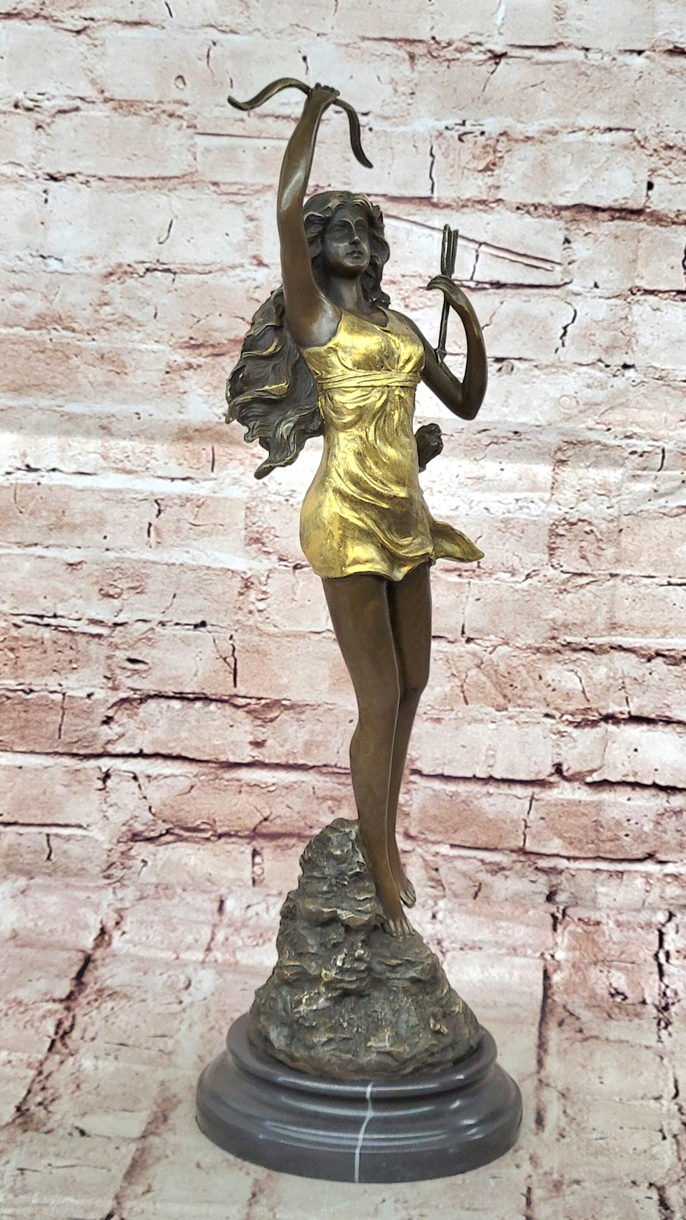 Signed Cast Bronze Diana The Huntress Art Deco Nude Sculpture Statue Mythical