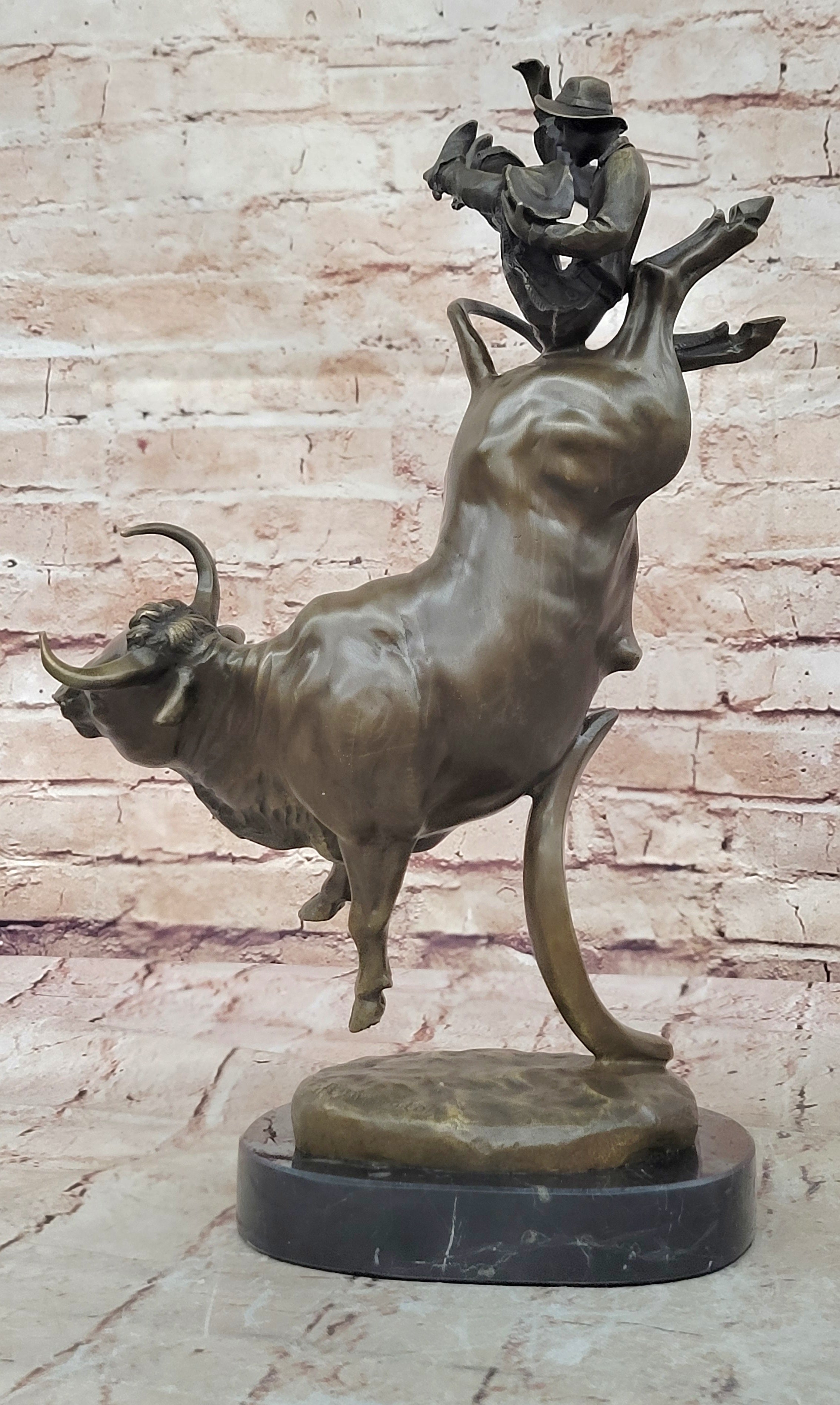 Bull Rodeo Bronze Sculpture Marble Statue Hot Cast Figurine Animal Art Cowboy NR
