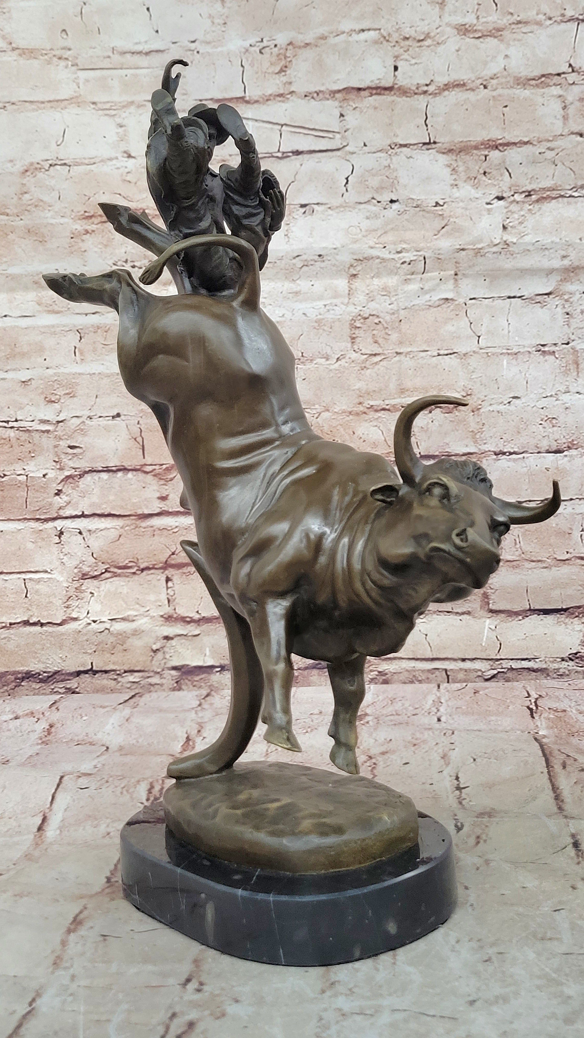 Bull Rodeo Bronze Sculpture Marble Statue Hot Cast Figurine Animal Art Cowboy NR