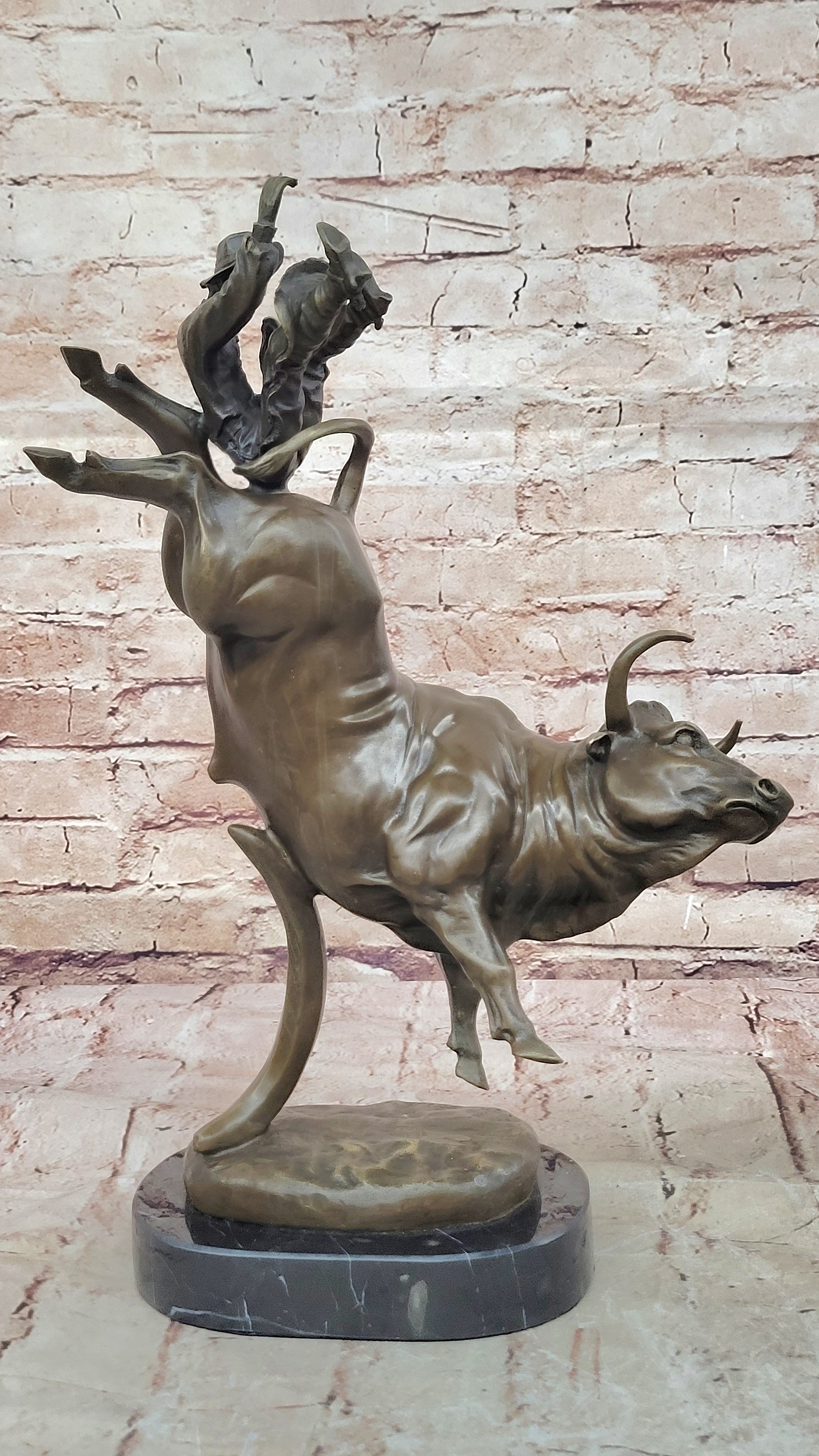 Bull Rodeo Bronze Sculpture Marble Statue Hot Cast Figurine Animal Art Cowboy NR