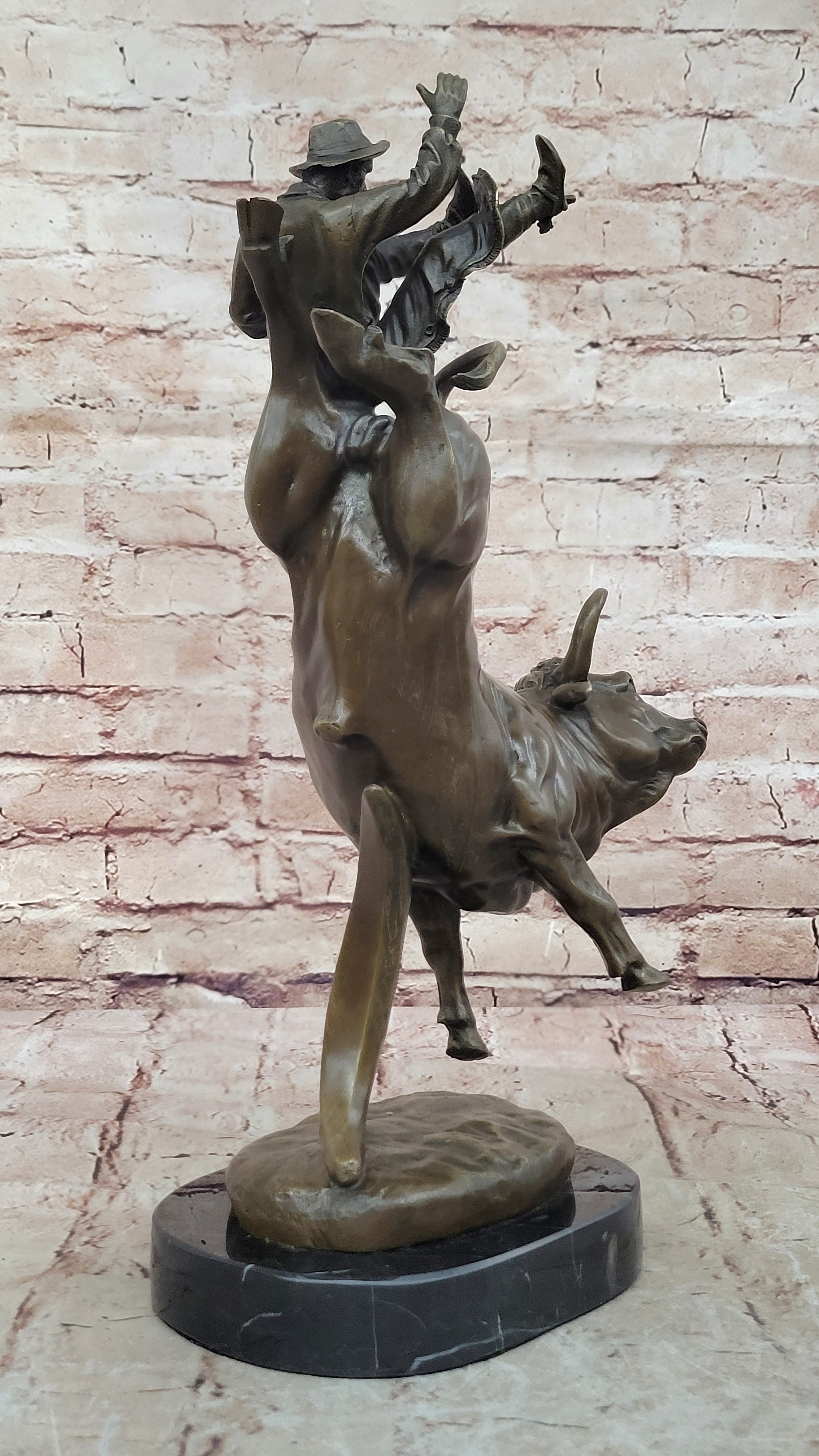 Bull Rodeo Bronze Sculpture Marble Statue Hot Cast Figurine Animal Art Cowboy NR