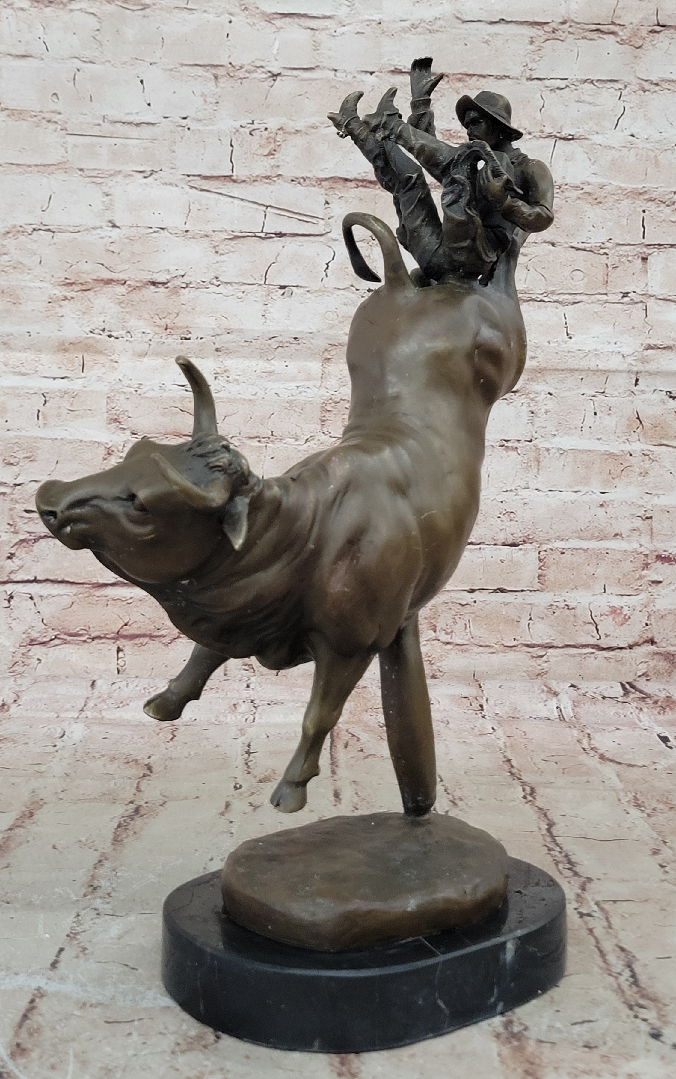 Bull Rodeo Bronze Sculpture Marble Statue Hot Cast Figurine Animal Art Cowboy NR
