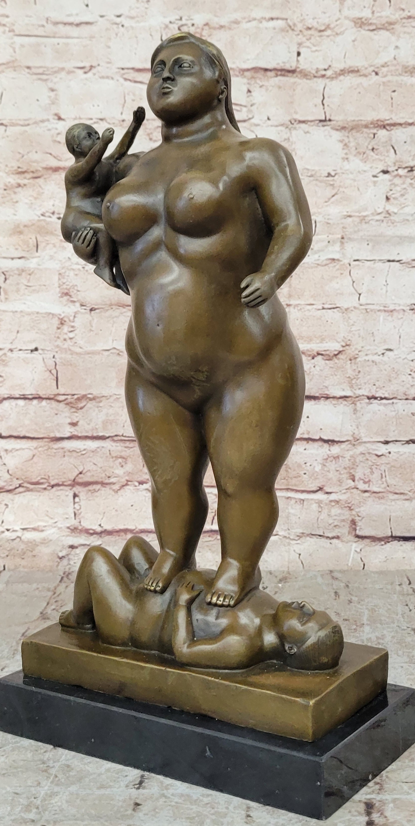 Man Nude Woman Carrying Baby by Spanish Artist Fernando Botero Genuine Bronze Statue