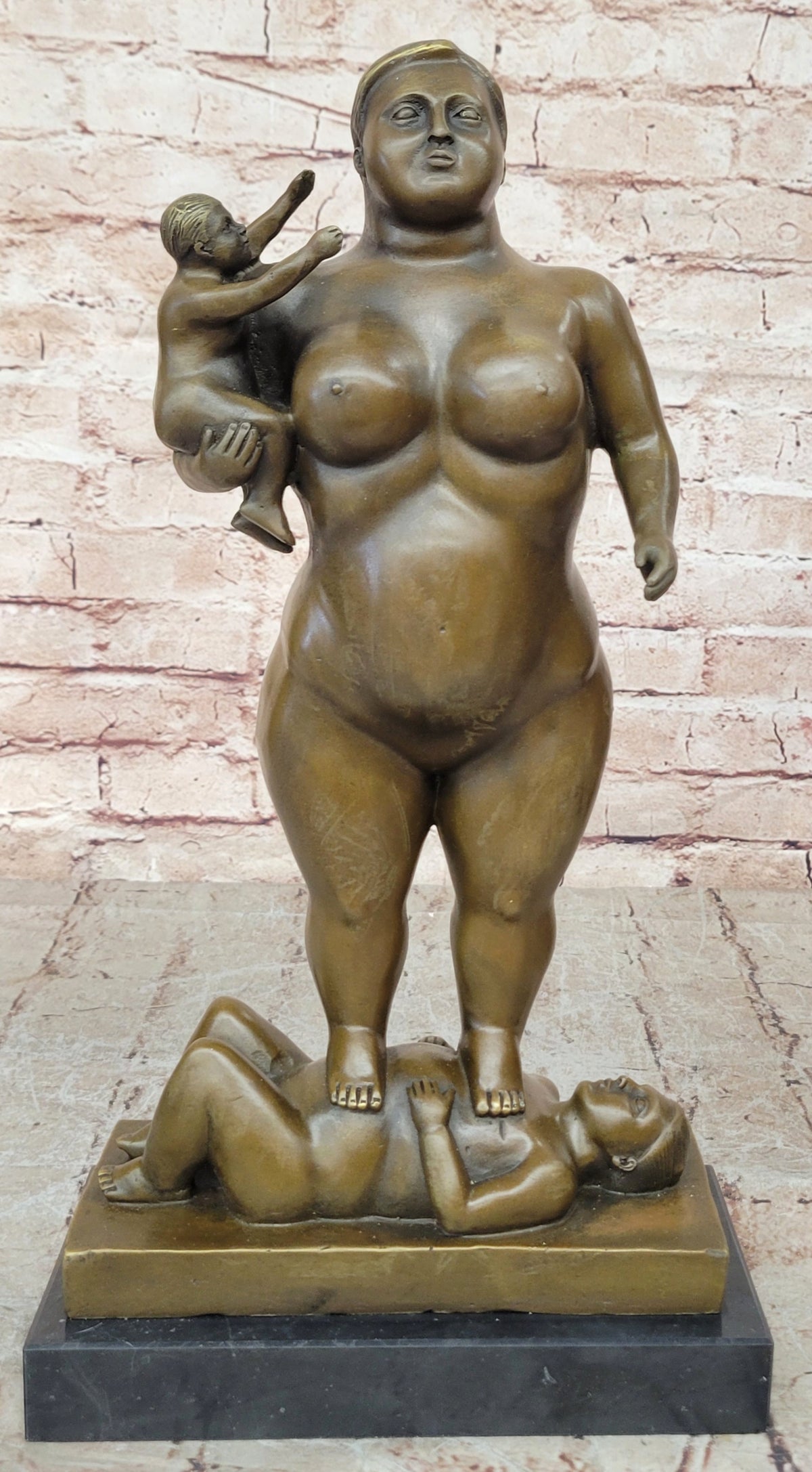Man Nude Woman Carrying Baby by Spanish Artist Fernando Botero Genuine Bronze Statue