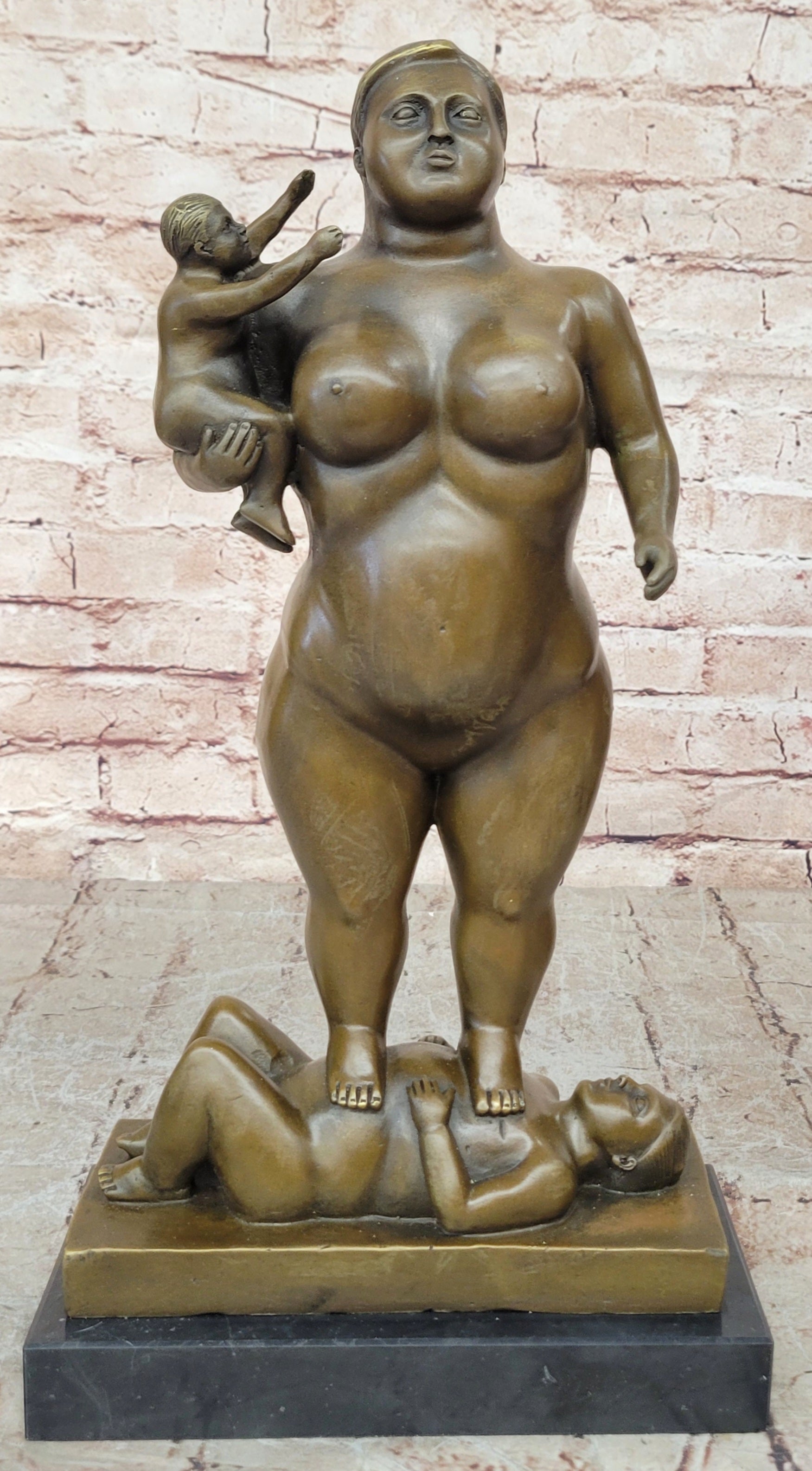 Man Nude Woman Carrying Baby by Spanish Artist Fernando Botero Genuine Bronze Statue