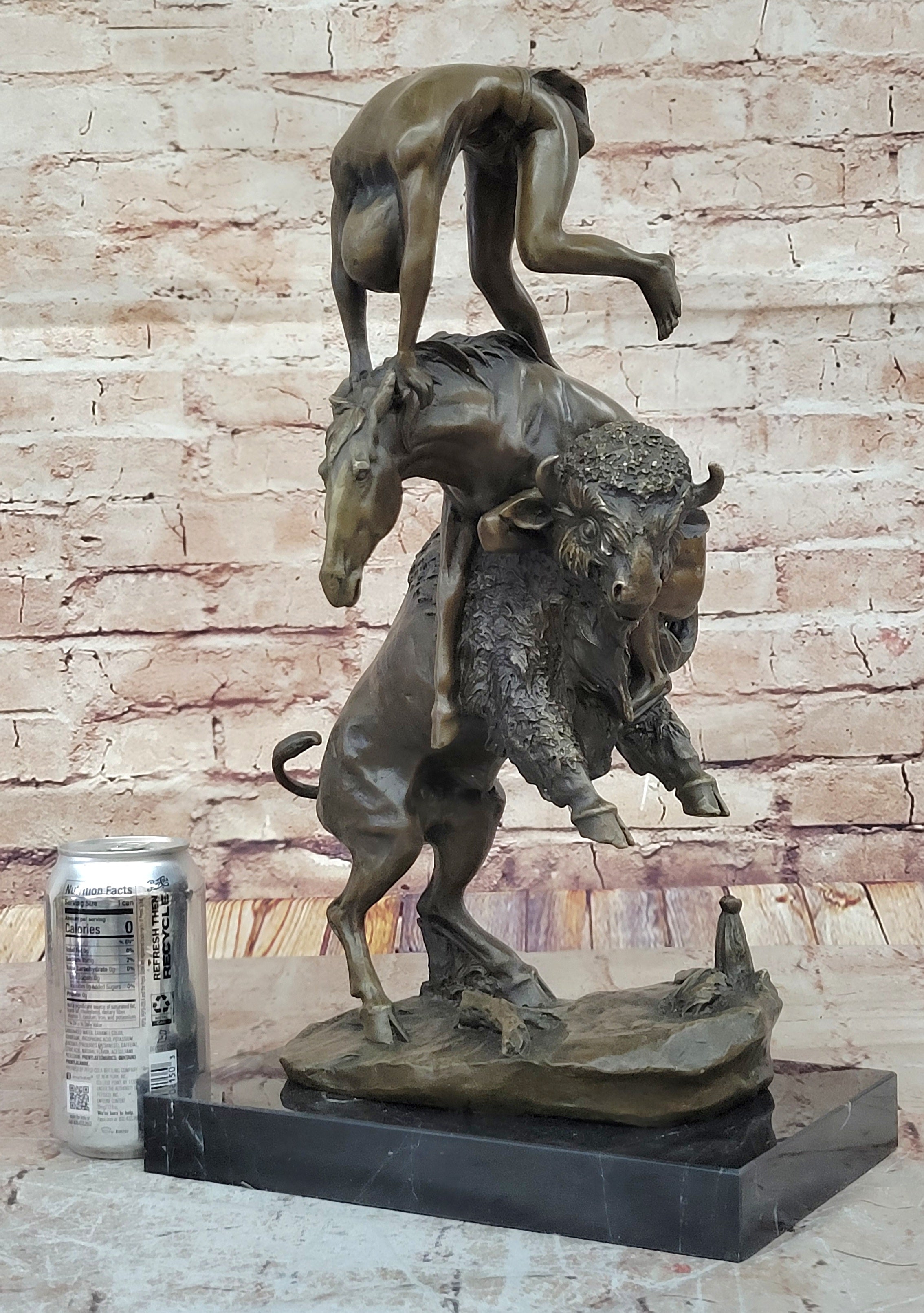 Signed Remington Indian Man Taming Horse and Buffalo Bronze Sculpture Marble Art