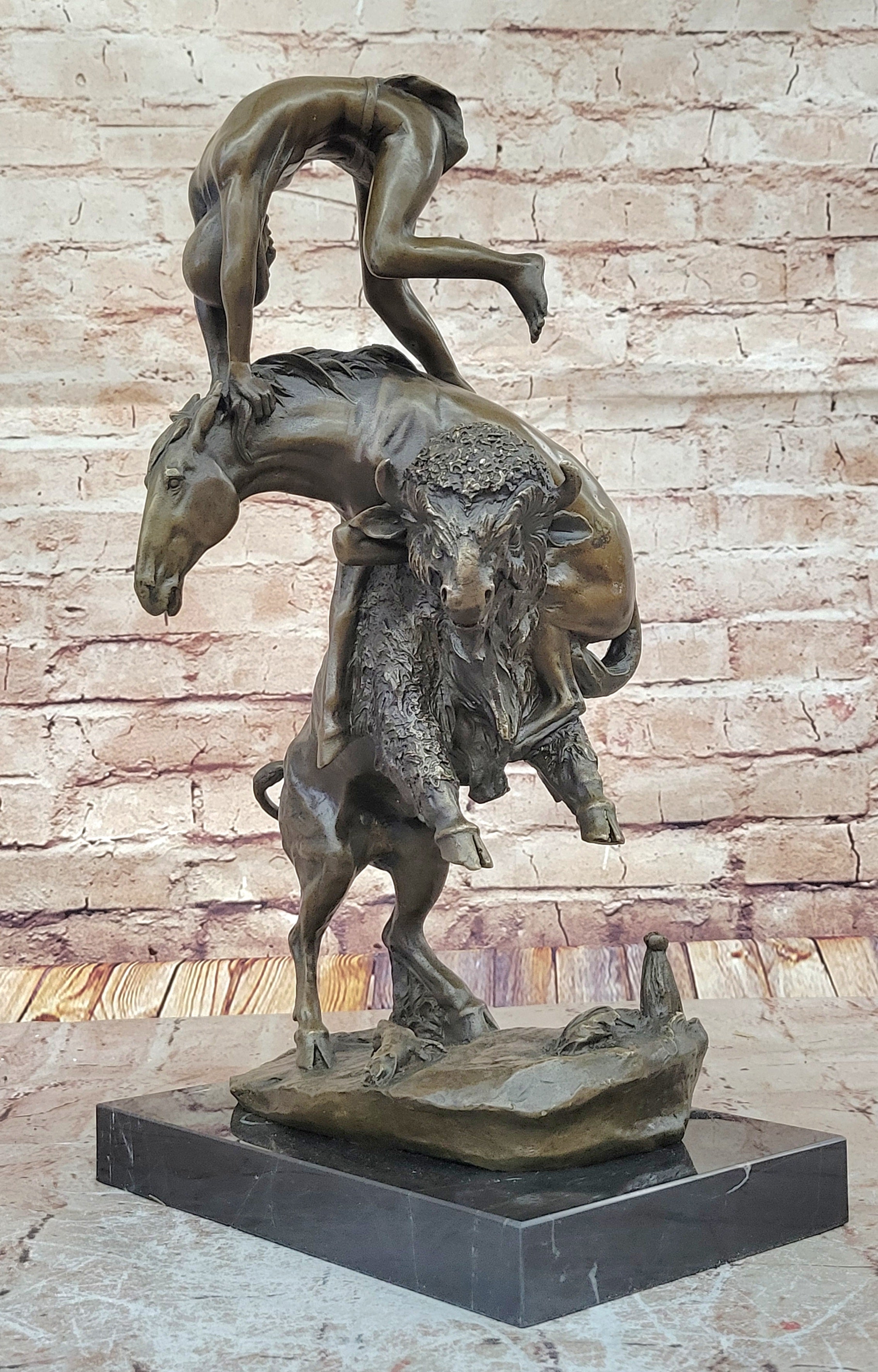 Signed Remington Indian Man Taming Horse and Buffalo Bronze Sculpture Marble Art