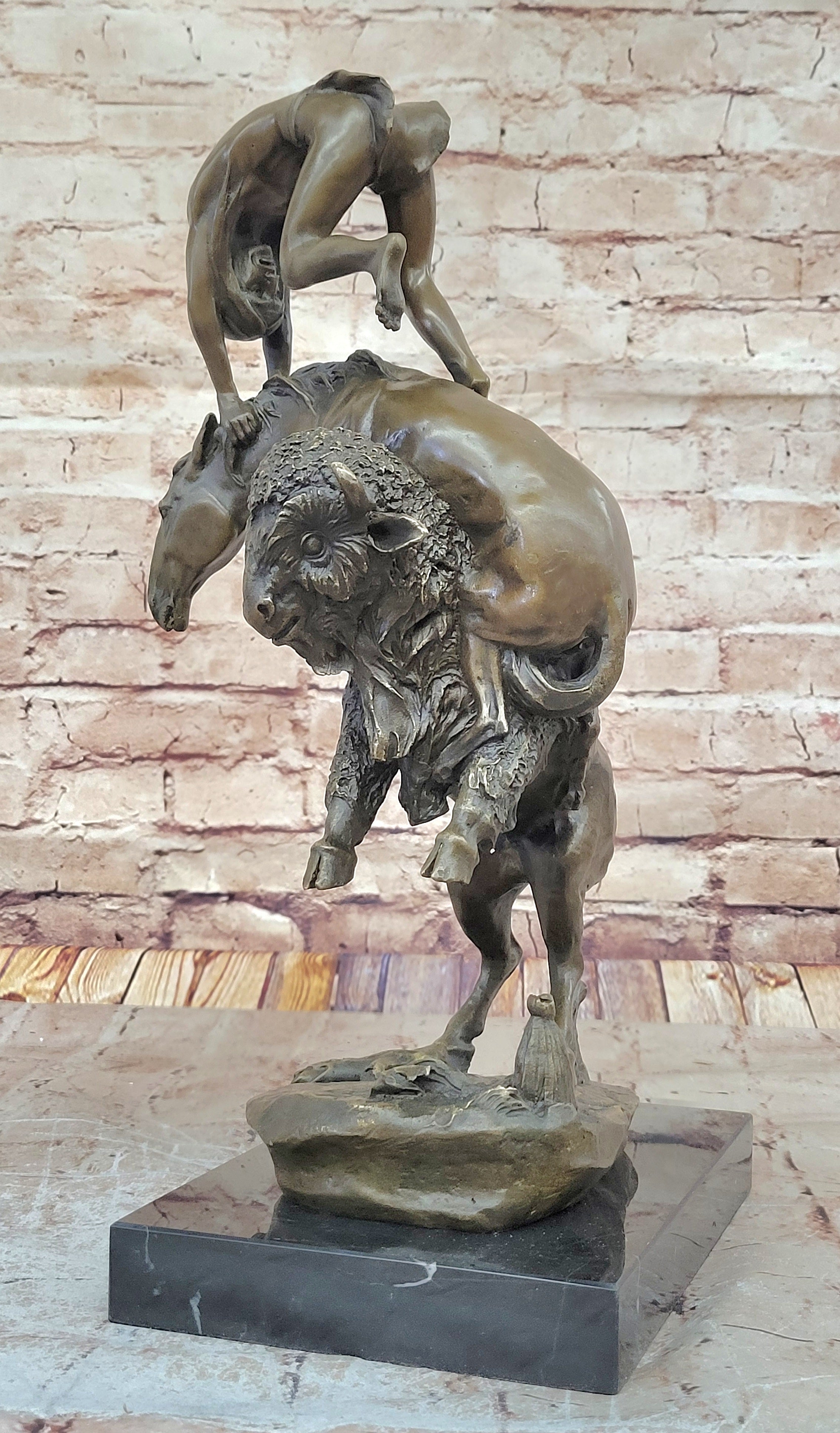 Signed Remington Indian Man Taming Horse and Buffalo Bronze Sculpture Marble Art