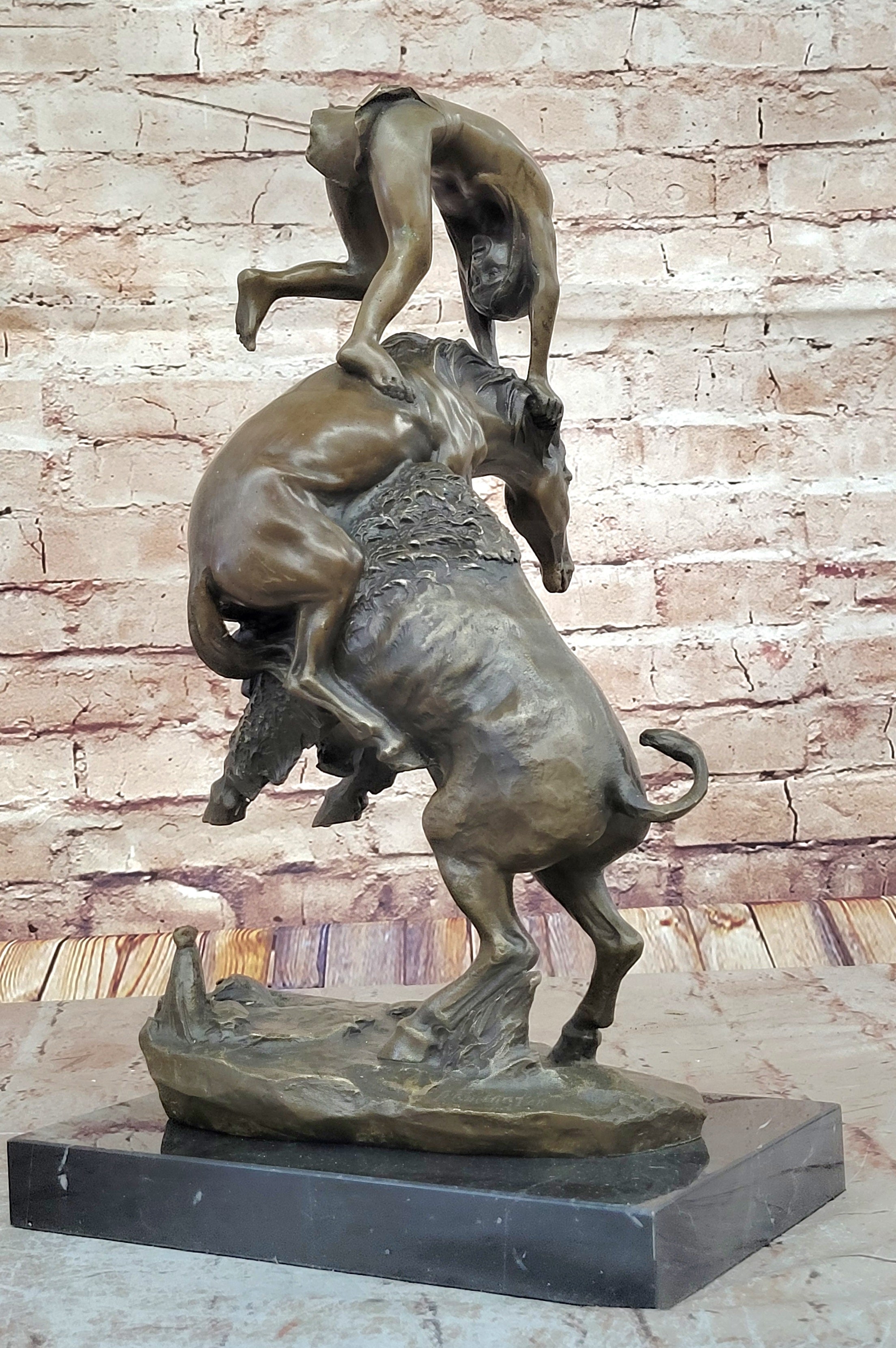 Signed Remington Indian Man Taming Horse and Buffalo Bronze Sculpture Marble Art