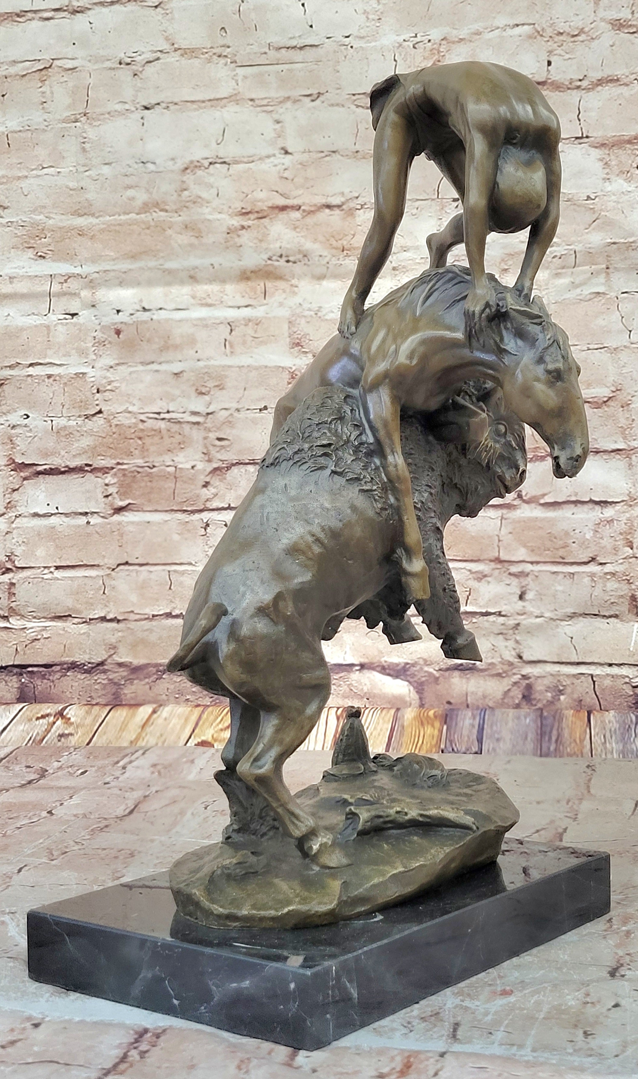 Signed Remington Indian Man Taming Horse and Buffalo Bronze Sculpture Marble Art