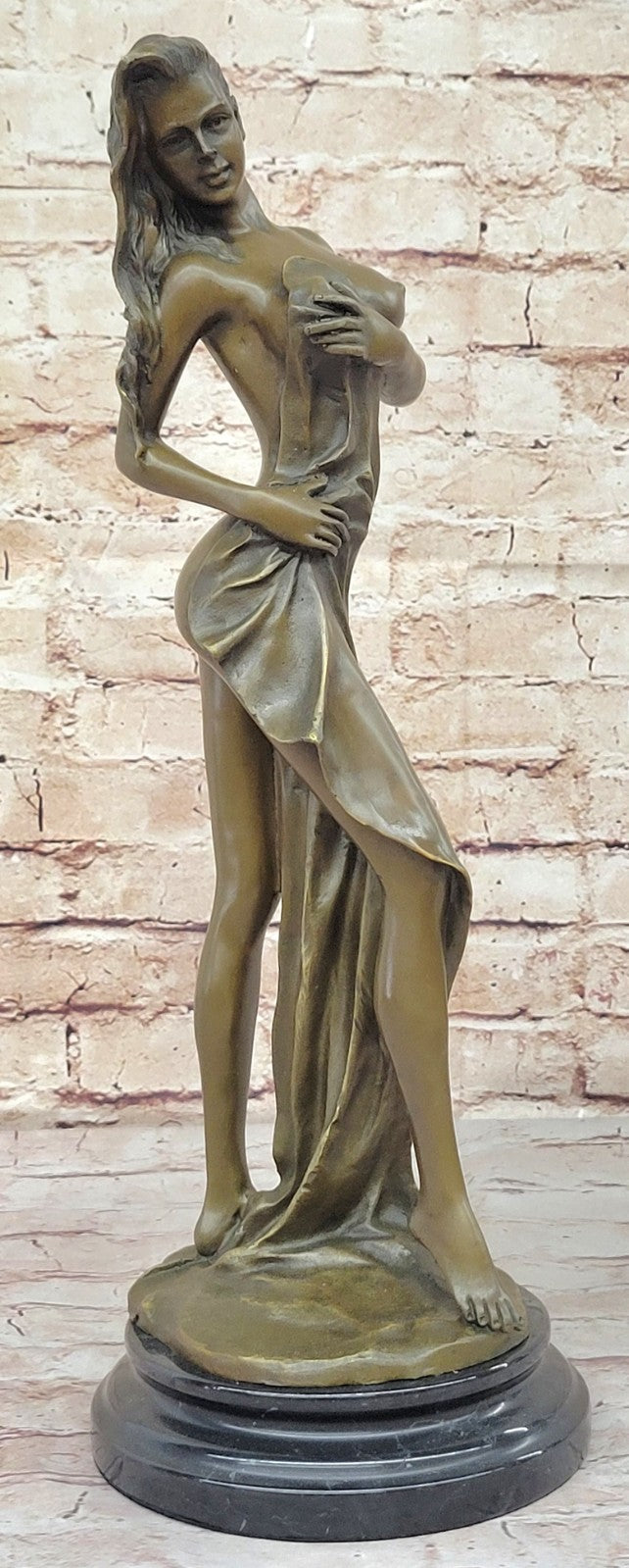 19" Tall Semi Nude Sexy Woman Girl Female Lady Bronze Sculpture Marble Base Figure