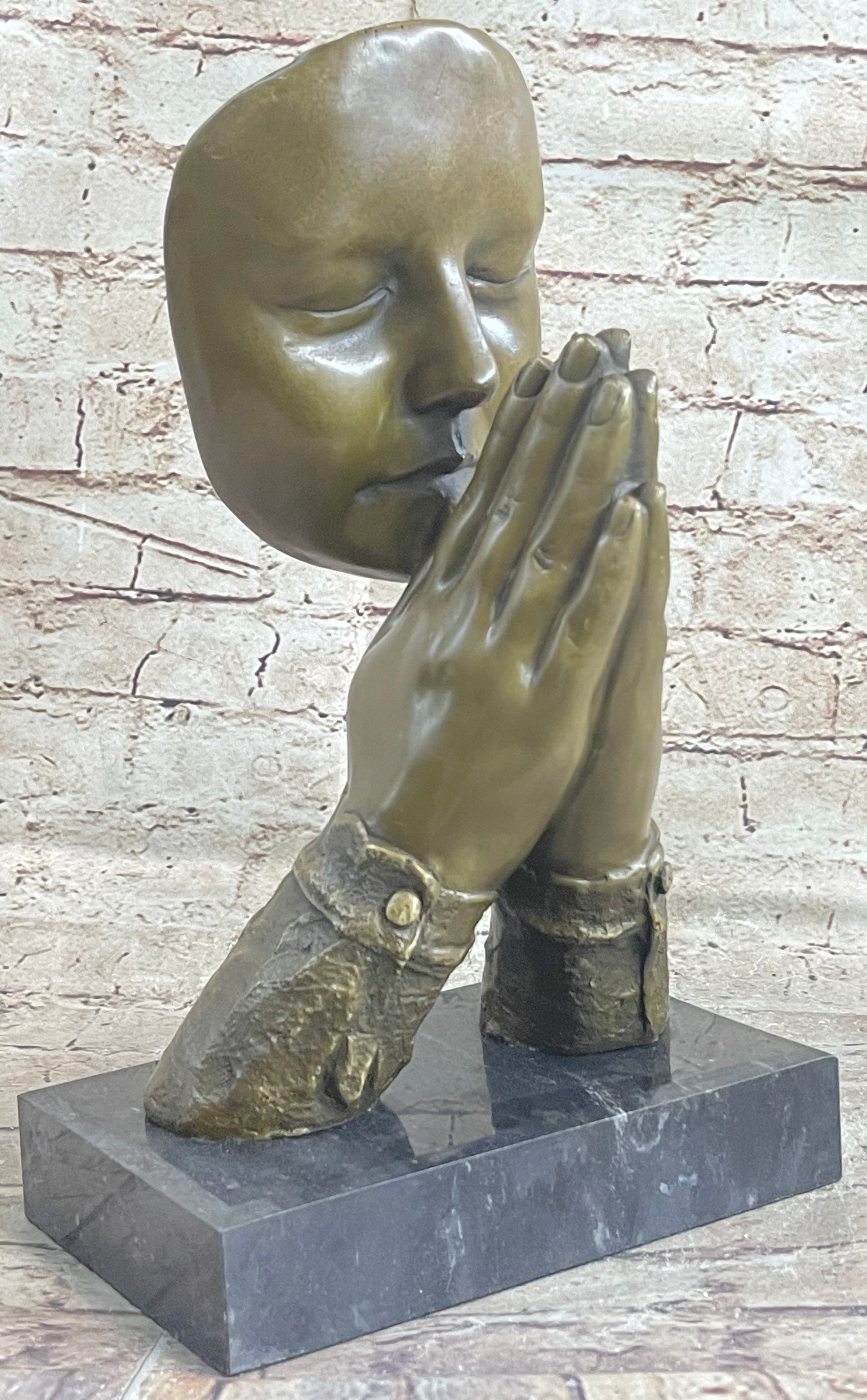 Praying In The Hand Of God Bronze Statue Figurine on Marble pedestal Sculpture