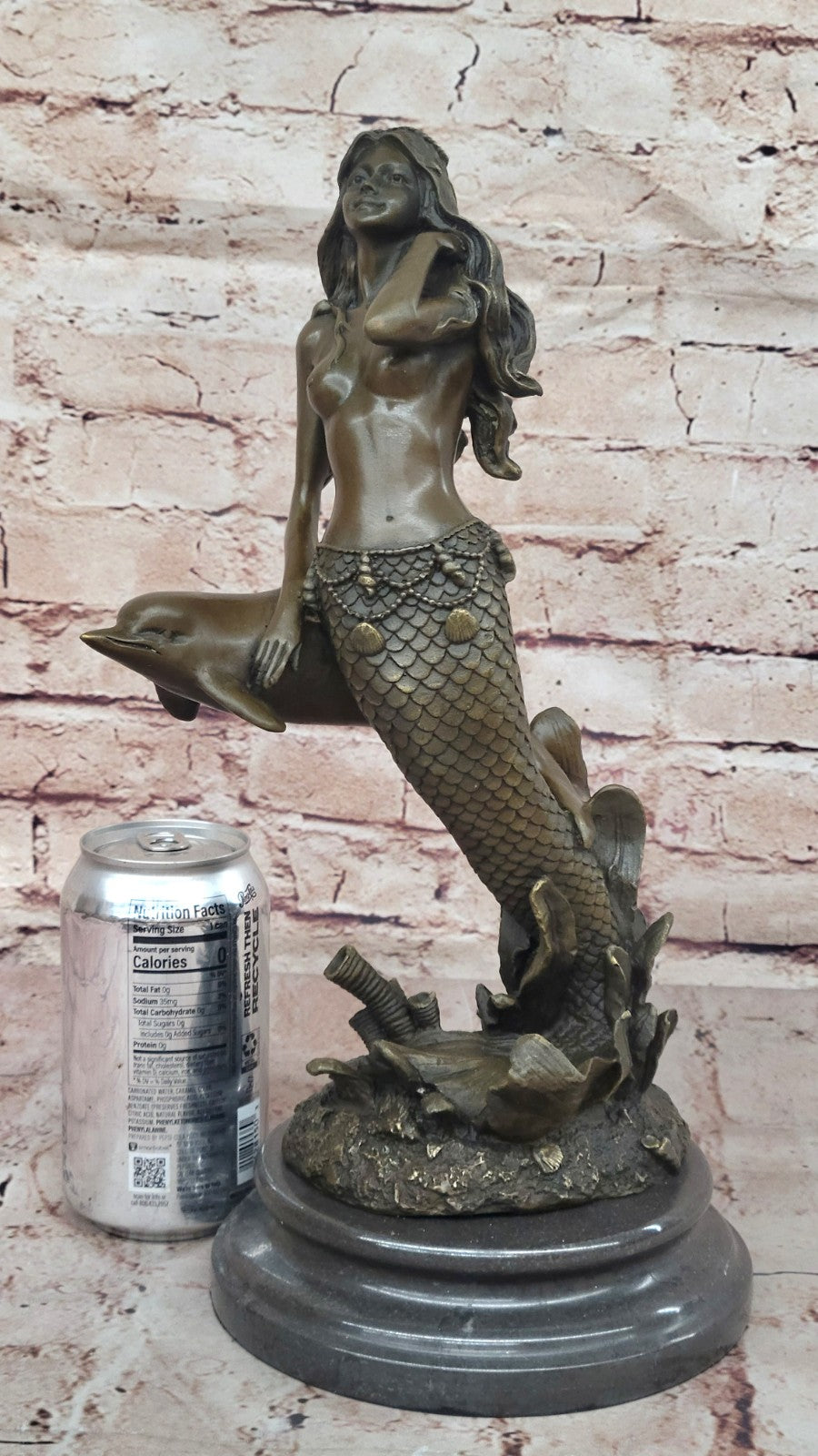 Art Deco/Nouveau Fantasy Artwork Nude solid Bronze Sculpture Mermaid and Dolphin