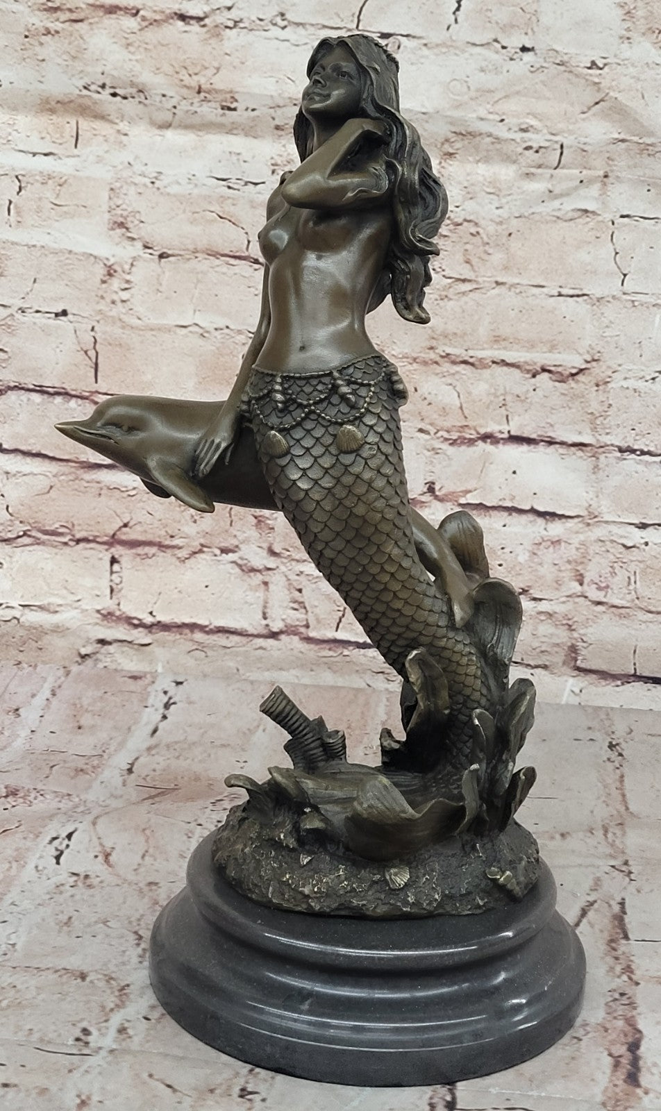 Art Deco/Nouveau Fantasy Artwork Nude solid Bronze Sculpture Mermaid and Dolphin