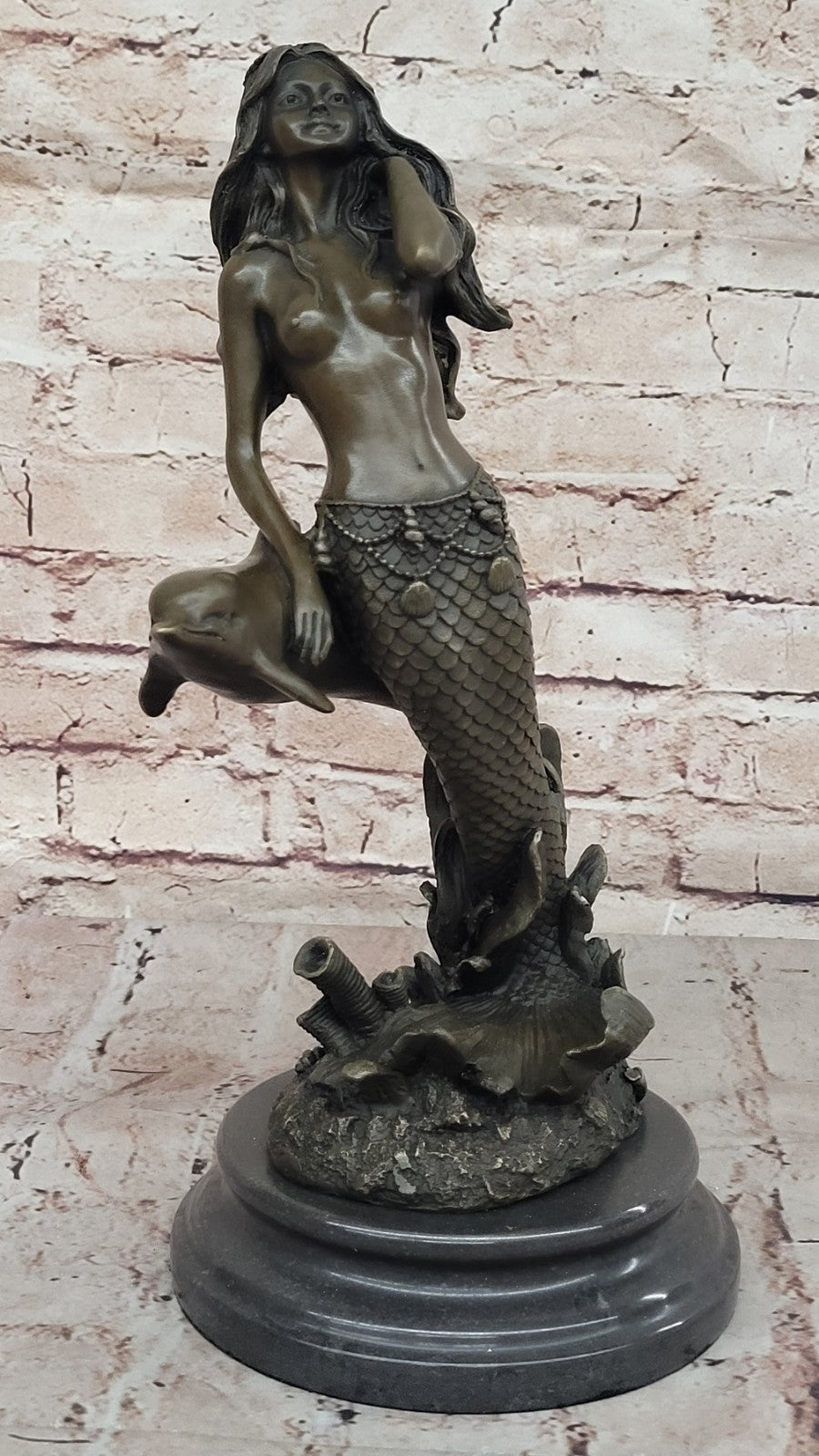 Art Deco/Nouveau Fantasy Artwork Nude solid Bronze Sculpture Mermaid and Dolphin