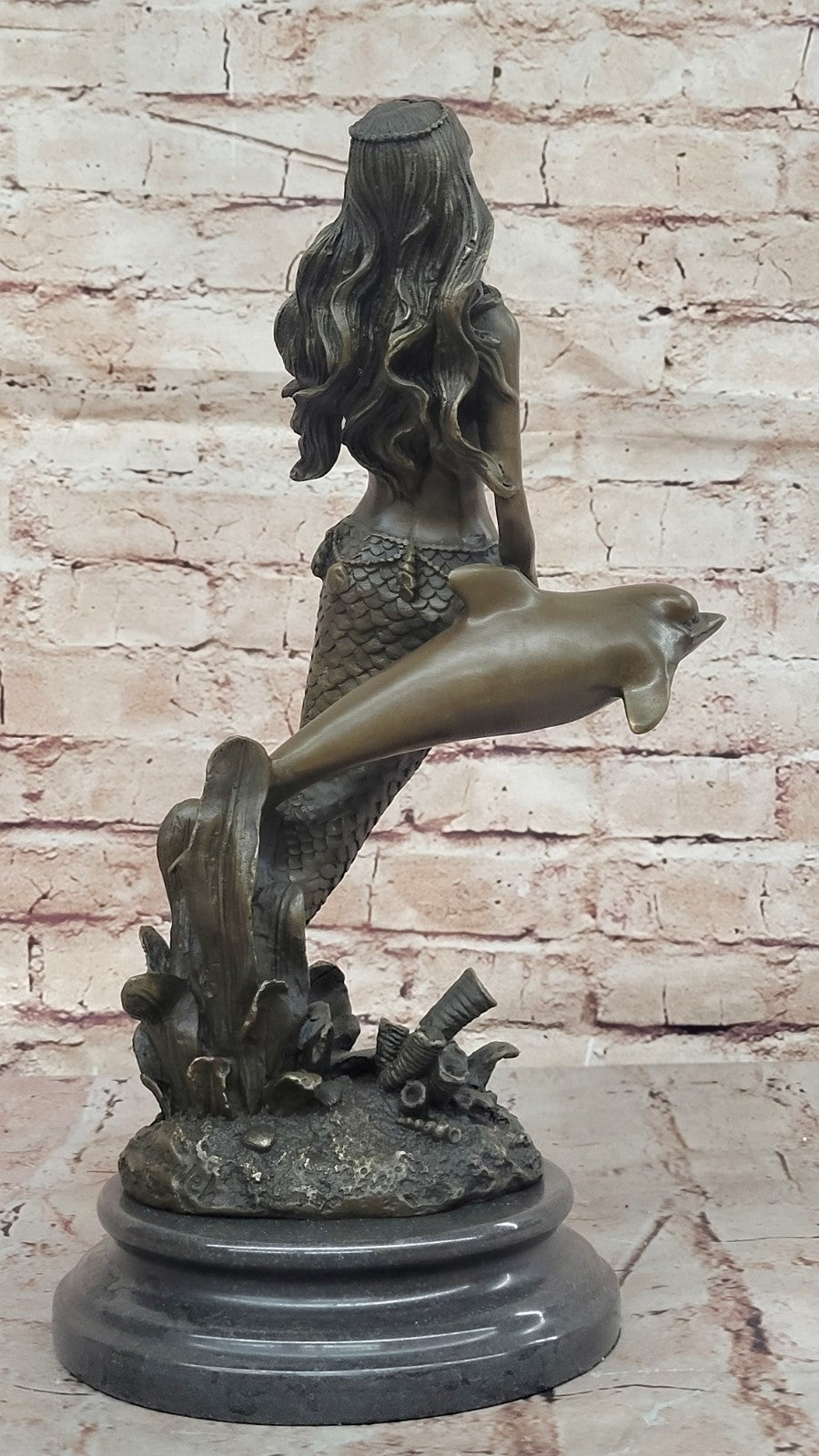 Art Deco/Nouveau Fantasy Artwork Nude solid Bronze Sculpture Mermaid and Dolphin