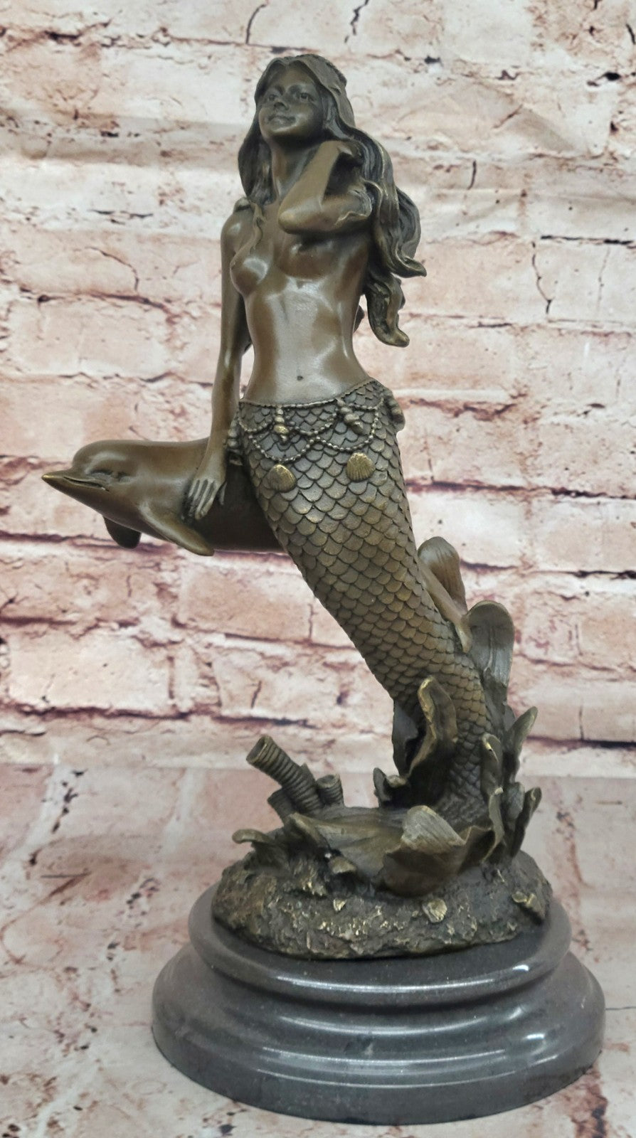 Art Deco/Nouveau Fantasy Artwork Nude solid Bronze Sculpture Mermaid and Dolphin