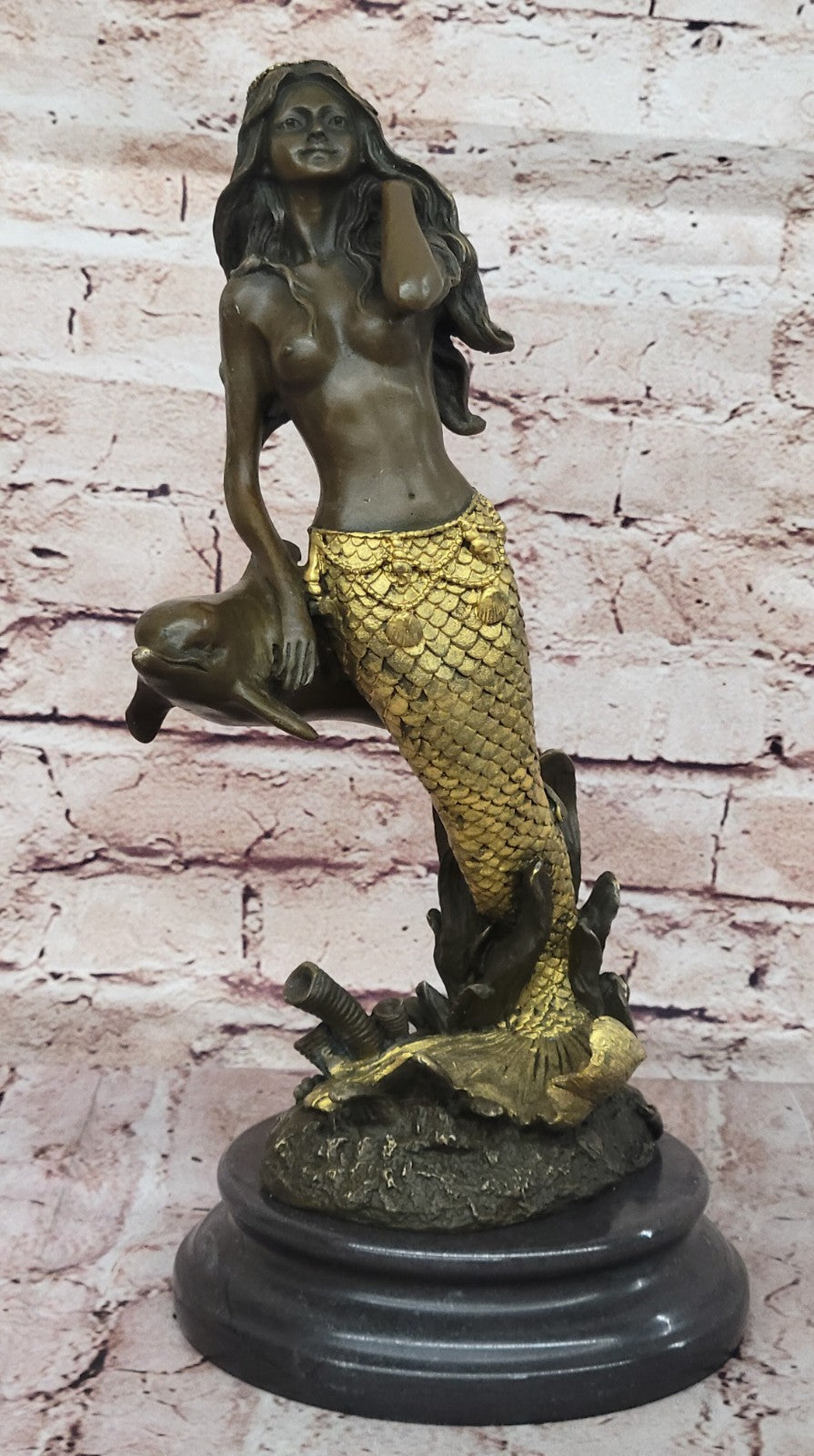 14" European Bronze Fairy Belle Mermaid Sea-maid Nude Sea-maiden Dolphin Figure