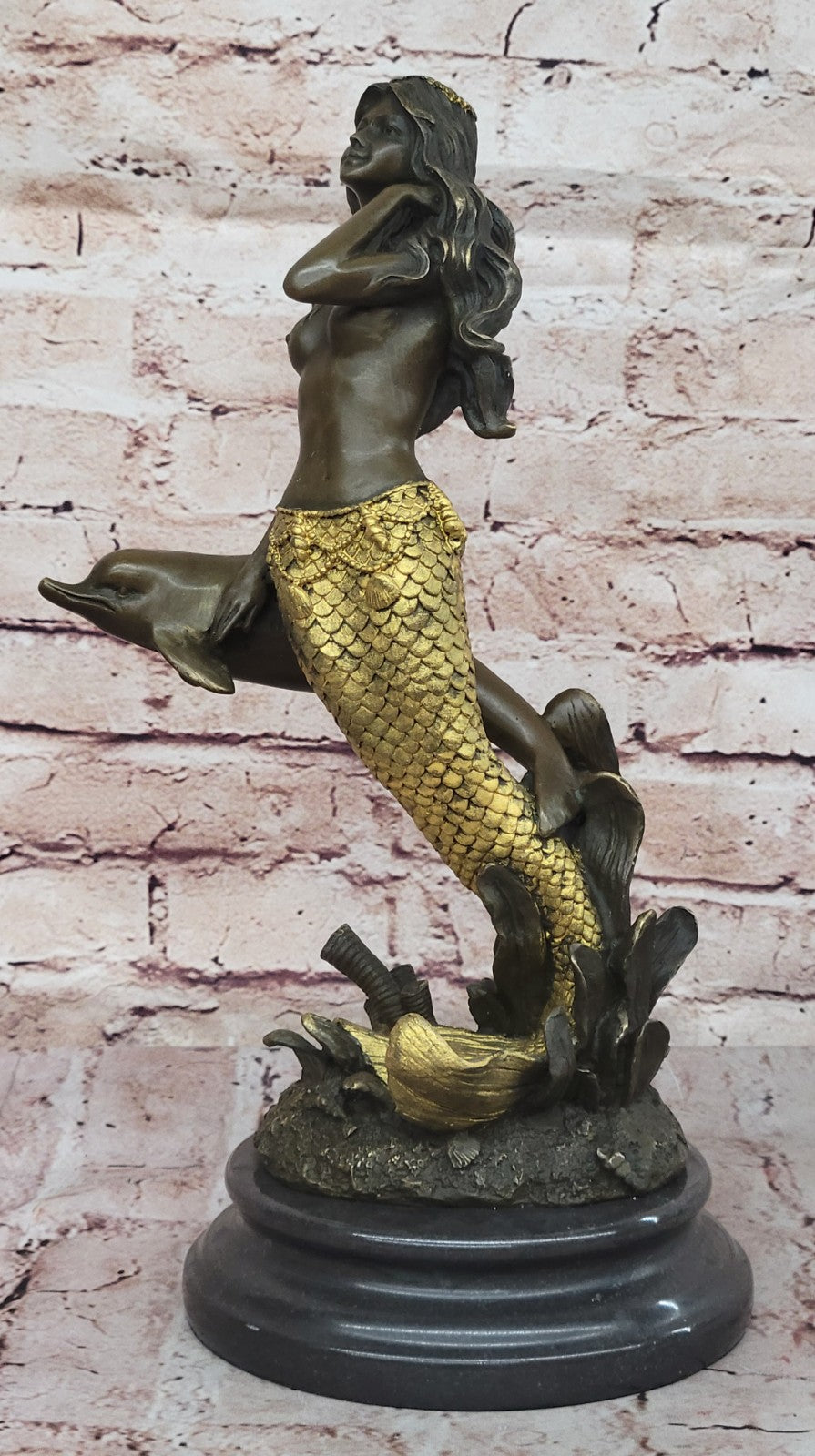 14" European Bronze Fairy Belle Mermaid Sea-maid Nude Sea-maiden Dolphin Figure