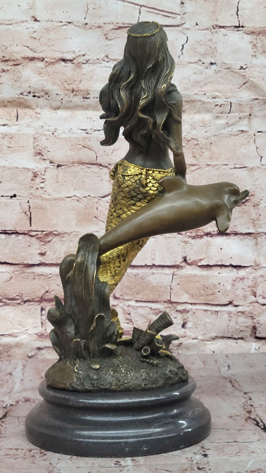 14" European Bronze Fairy Belle Mermaid Sea-maid Nude Sea-maiden Dolphin Figure