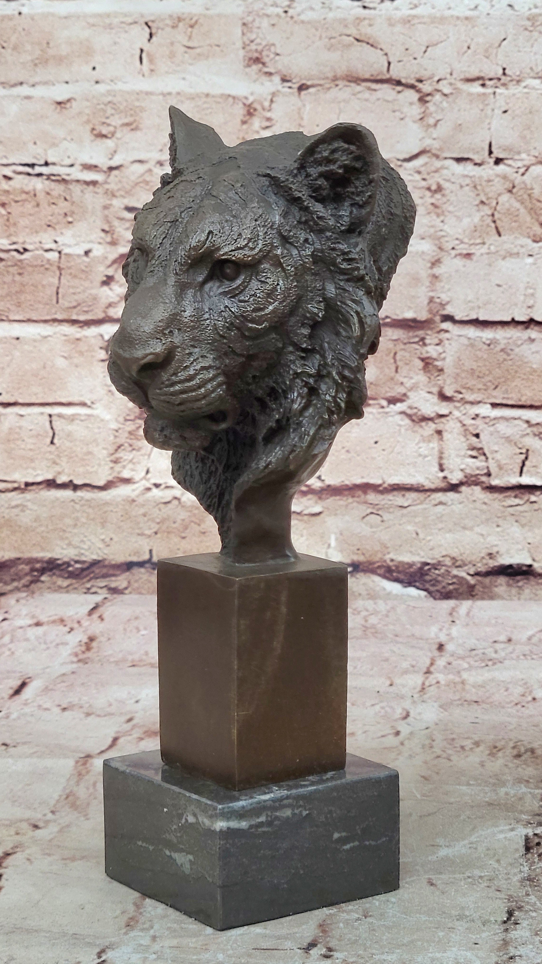 10" Western Art Deco Bronze lions Lion Puma Mountain Cat Bust Sculpture Figurine