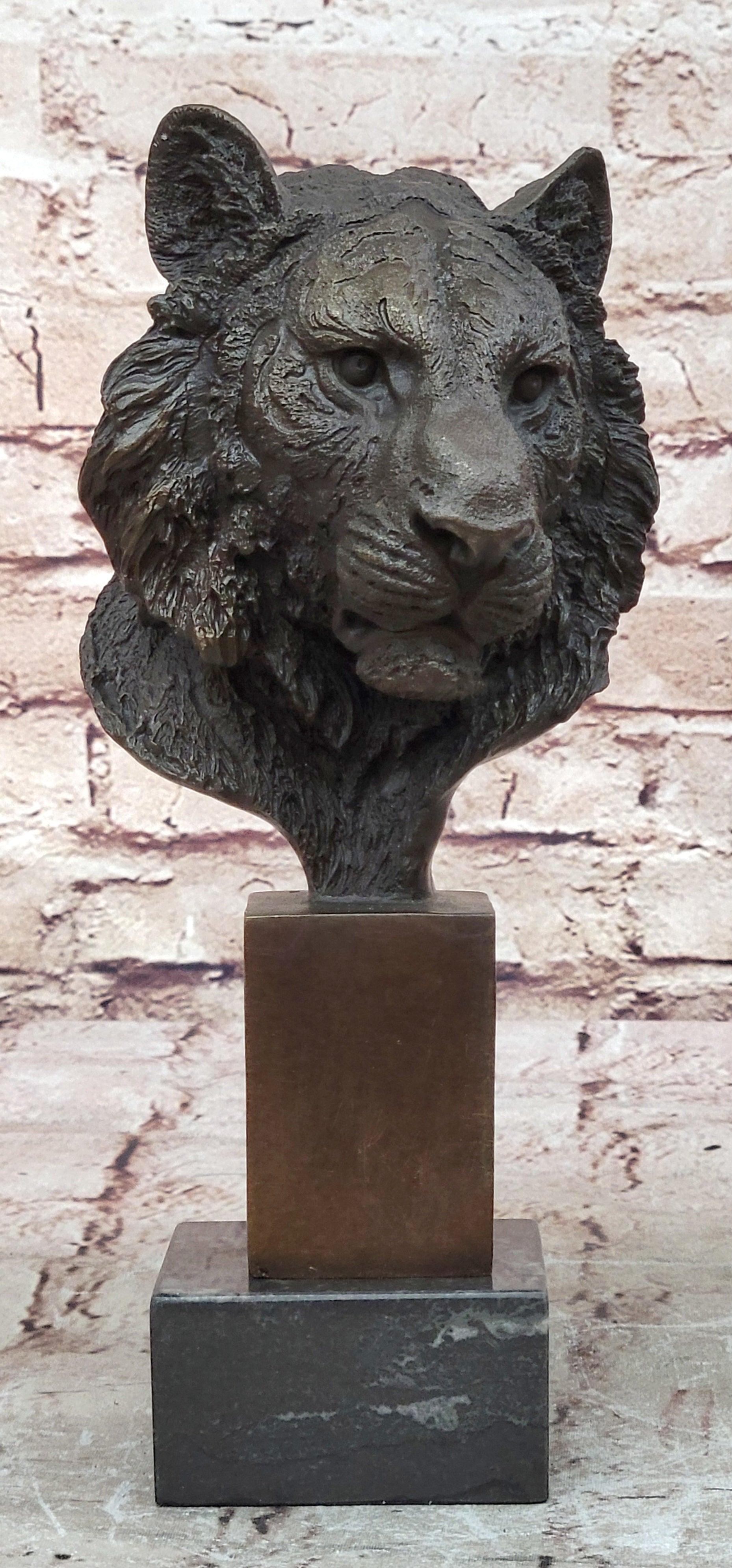 10" Western Art Deco Bronze lions Lion Puma Mountain Cat Bust Sculpture Figurine