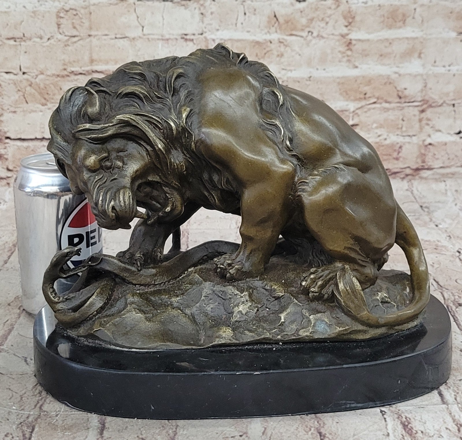 Signed Barye Snake and Lion Bronze Marble Sculpture Statue Figurine Art Deco