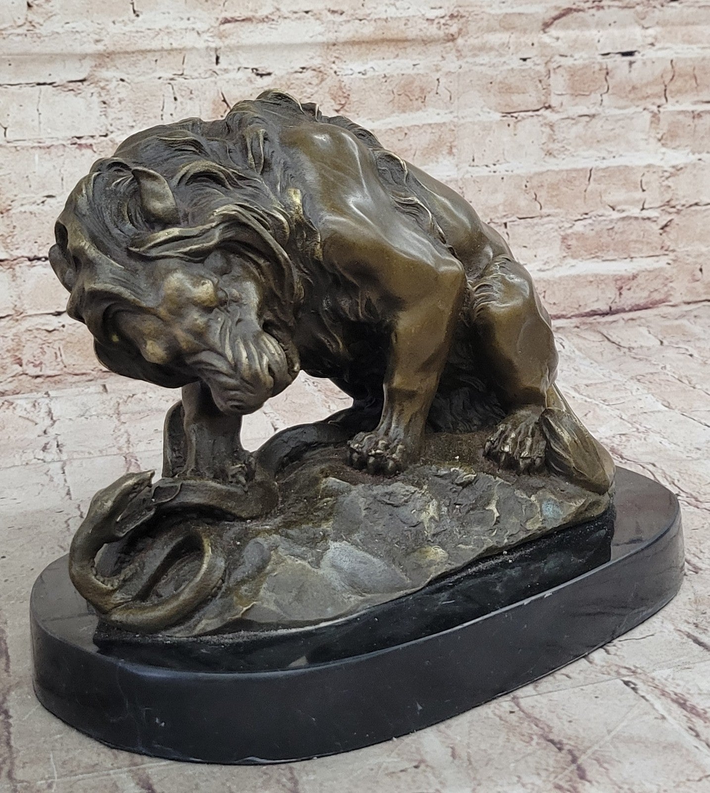 Signed Barye Snake and Lion Bronze Marble Sculpture Statue Figurine Art Deco