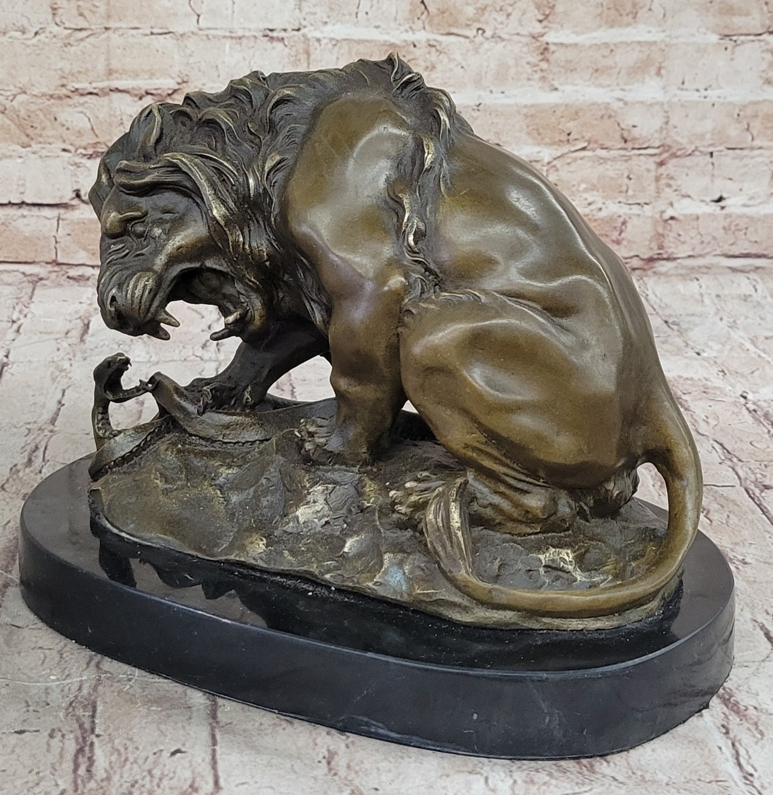 Signed Barye Snake and Lion Bronze Marble Sculpture Statue Figurine Art Deco