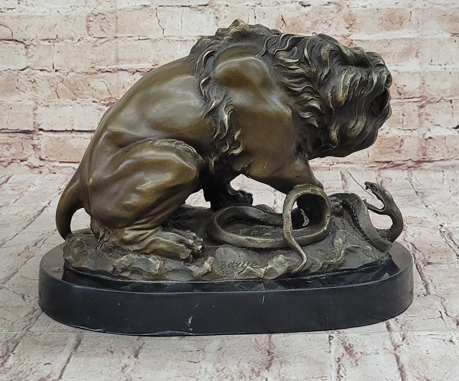 Signed Barye Snake and Lion Bronze Marble Sculpture Statue Figurine Art Deco
