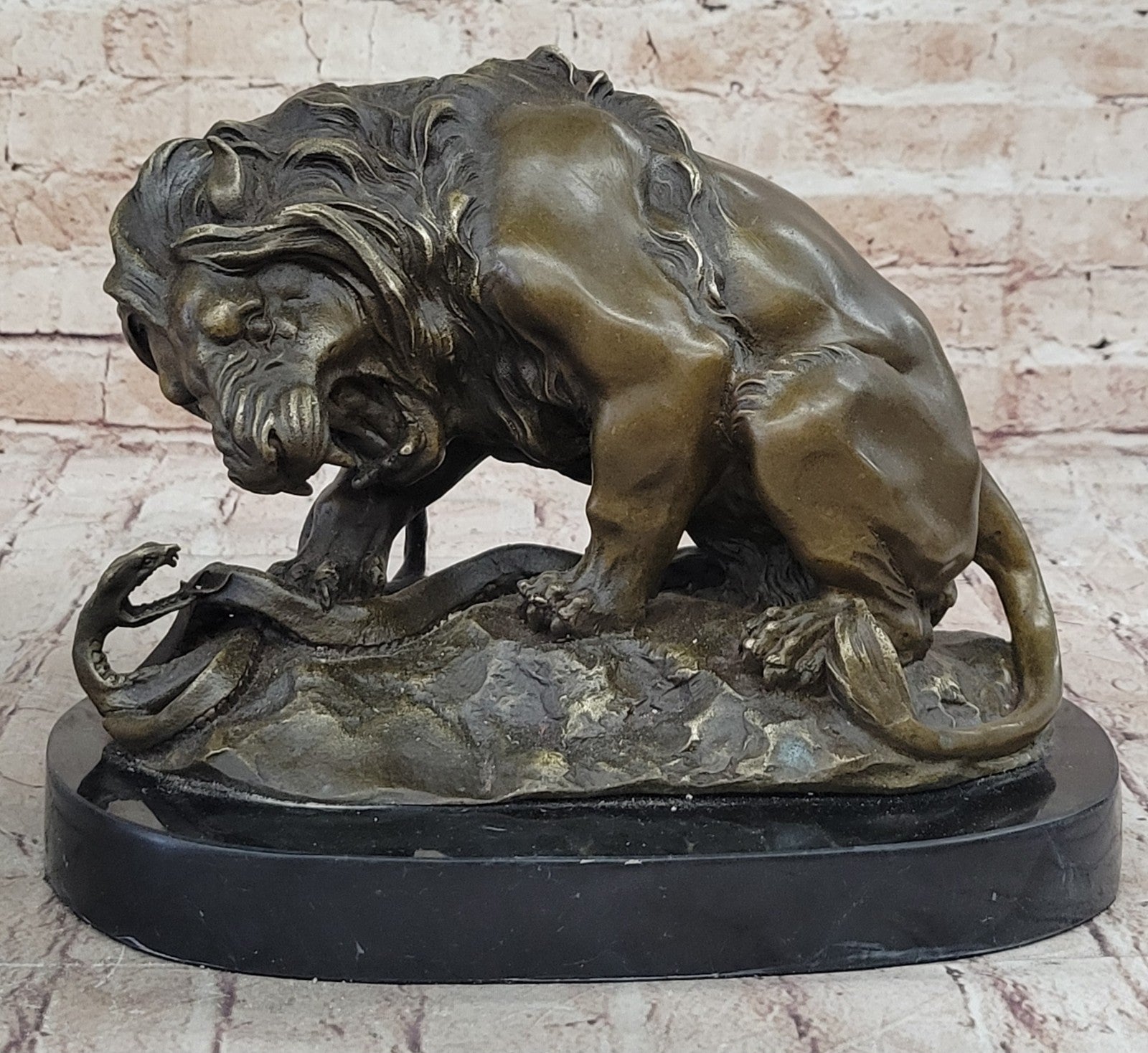 Signed Barye Snake and Lion Bronze Marble Sculpture Statue Figurine Art Deco