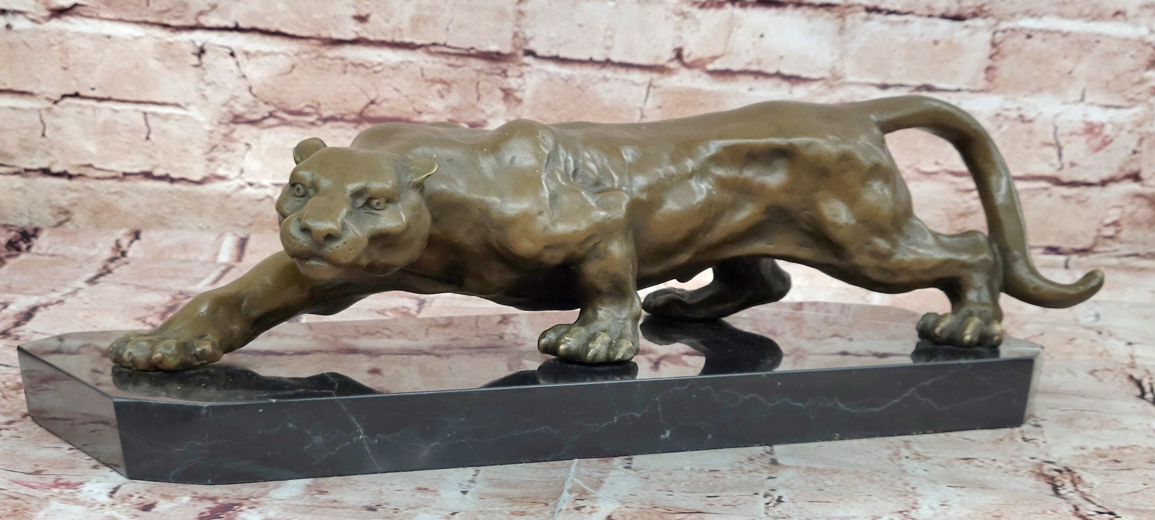 Barye Cougar Mountain Lion Genuine Bronze Handmade Sculpture Statue Artwork Home Decor