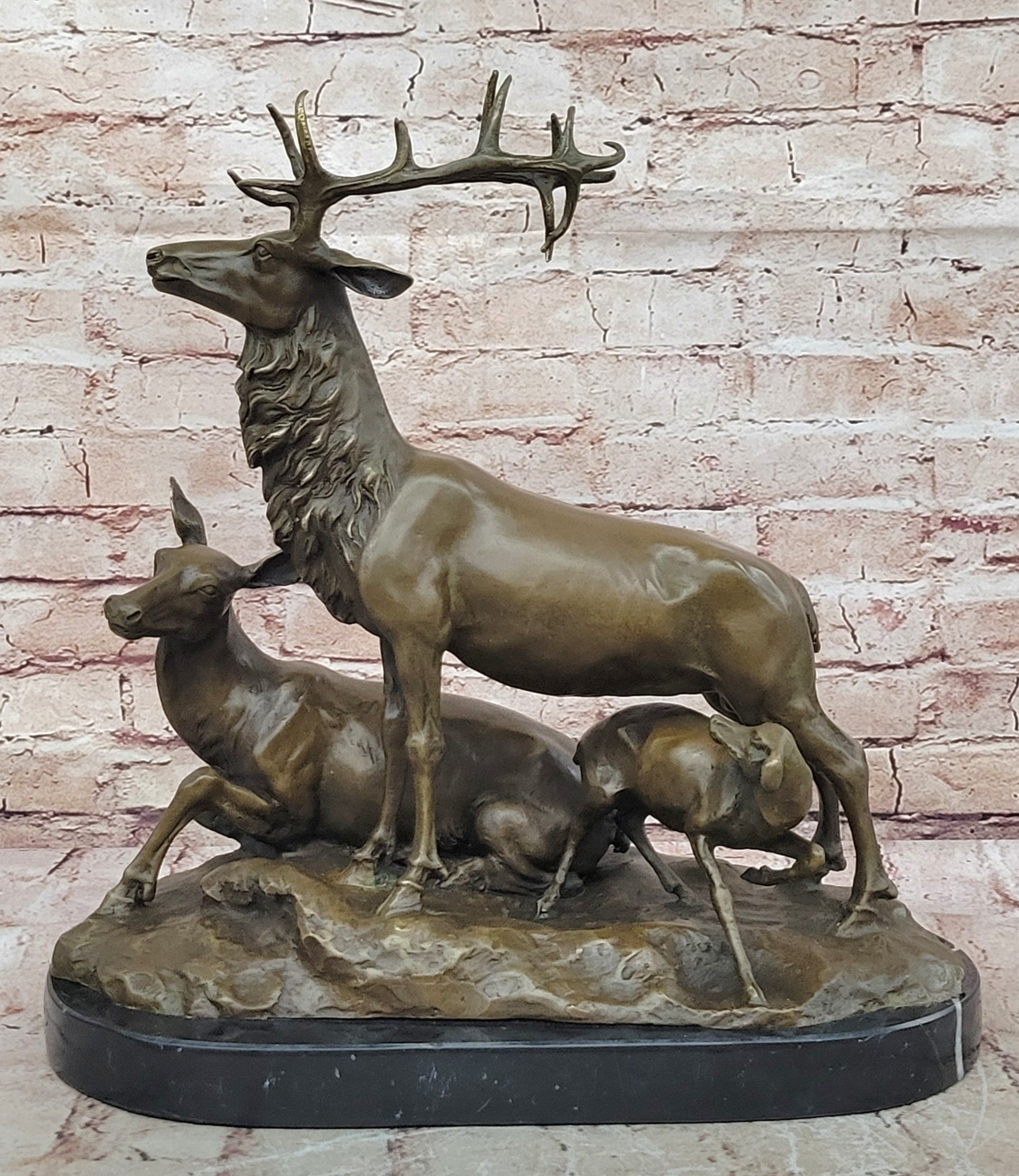 Extra Large Elk Stag Walking W/Cub Bronze Statue Sculpture Art Deco Figure NR