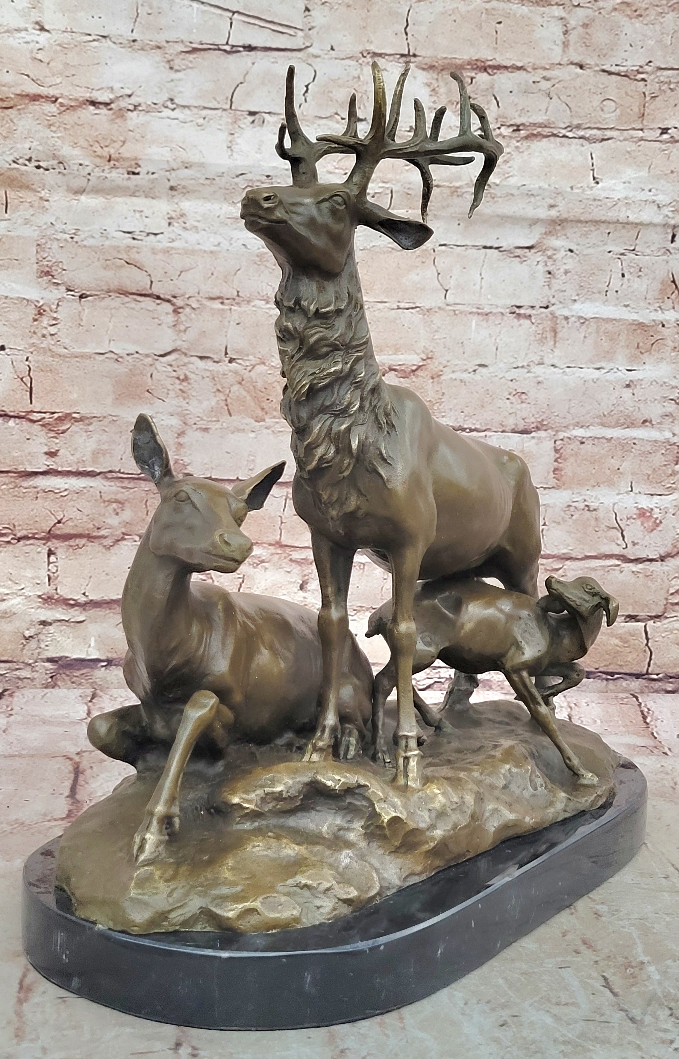 Extra Large Elk Stag Walking W/Cub Bronze Statue Sculpture Art Deco Figure NR