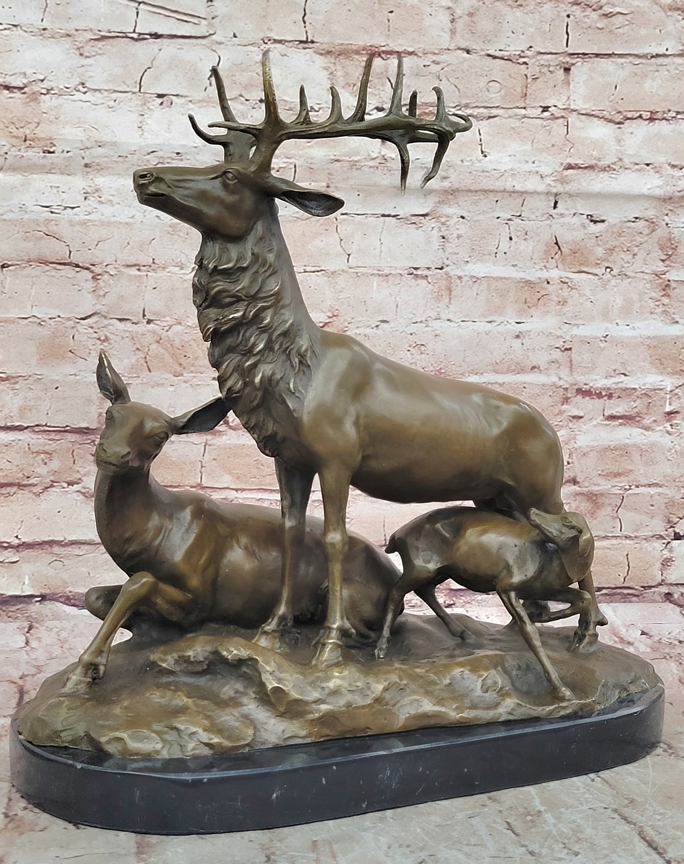Extra Large Elk Stag Walking W/Cub Bronze Statue Sculpture Art Deco Figure NR
