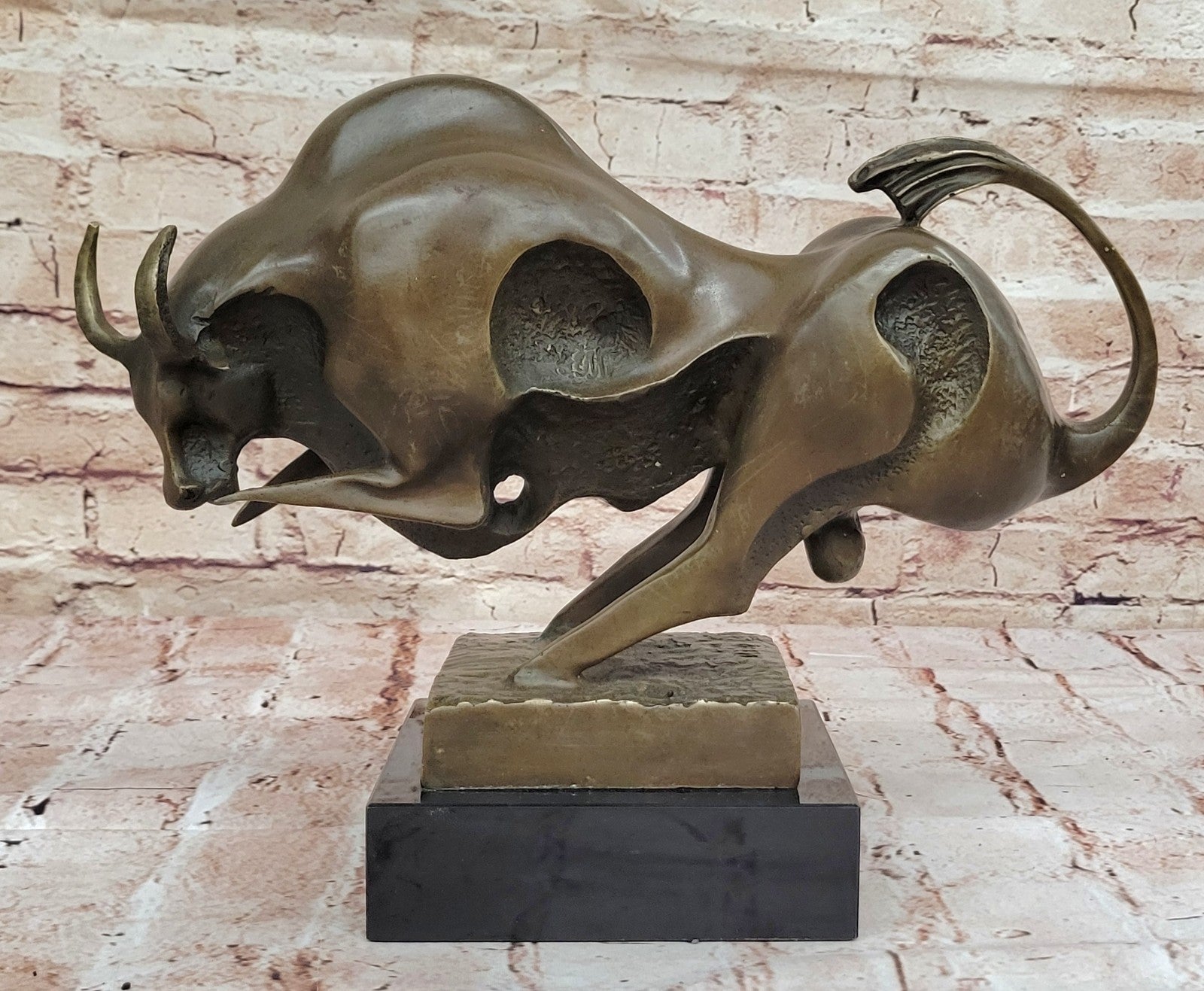 Solid Bronze Sculpture of a Bull Marble Base Abstract Art Deco Figurine Figure