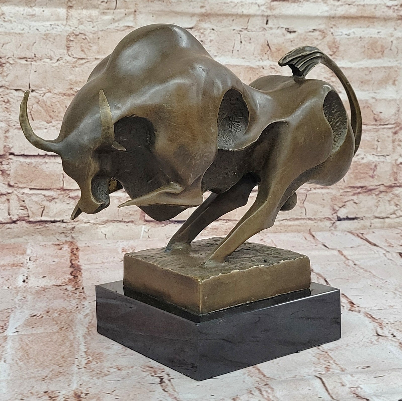 Solid Bronze Sculpture of a Bull Marble Base Abstract Art Deco Figurine Figure
