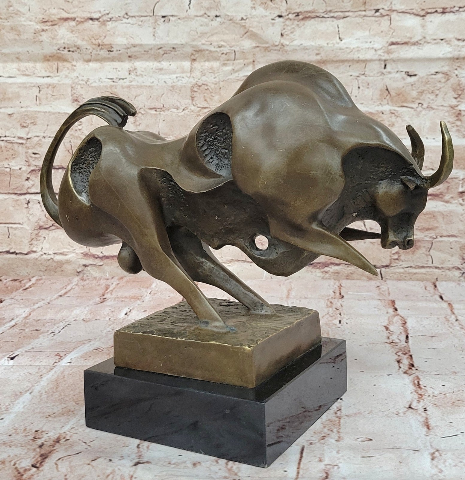 Solid Bronze Sculpture of a Bull Marble Base Abstract Art Deco Figurine Figure