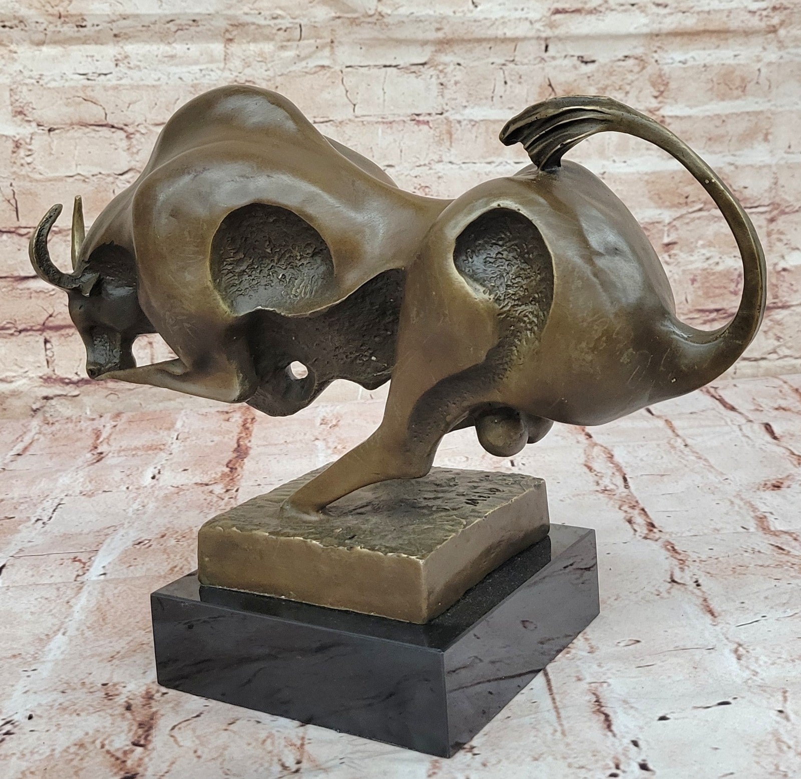 Solid Bronze Sculpture of a Bull Marble Base Abstract Art Deco Figurine Figure
