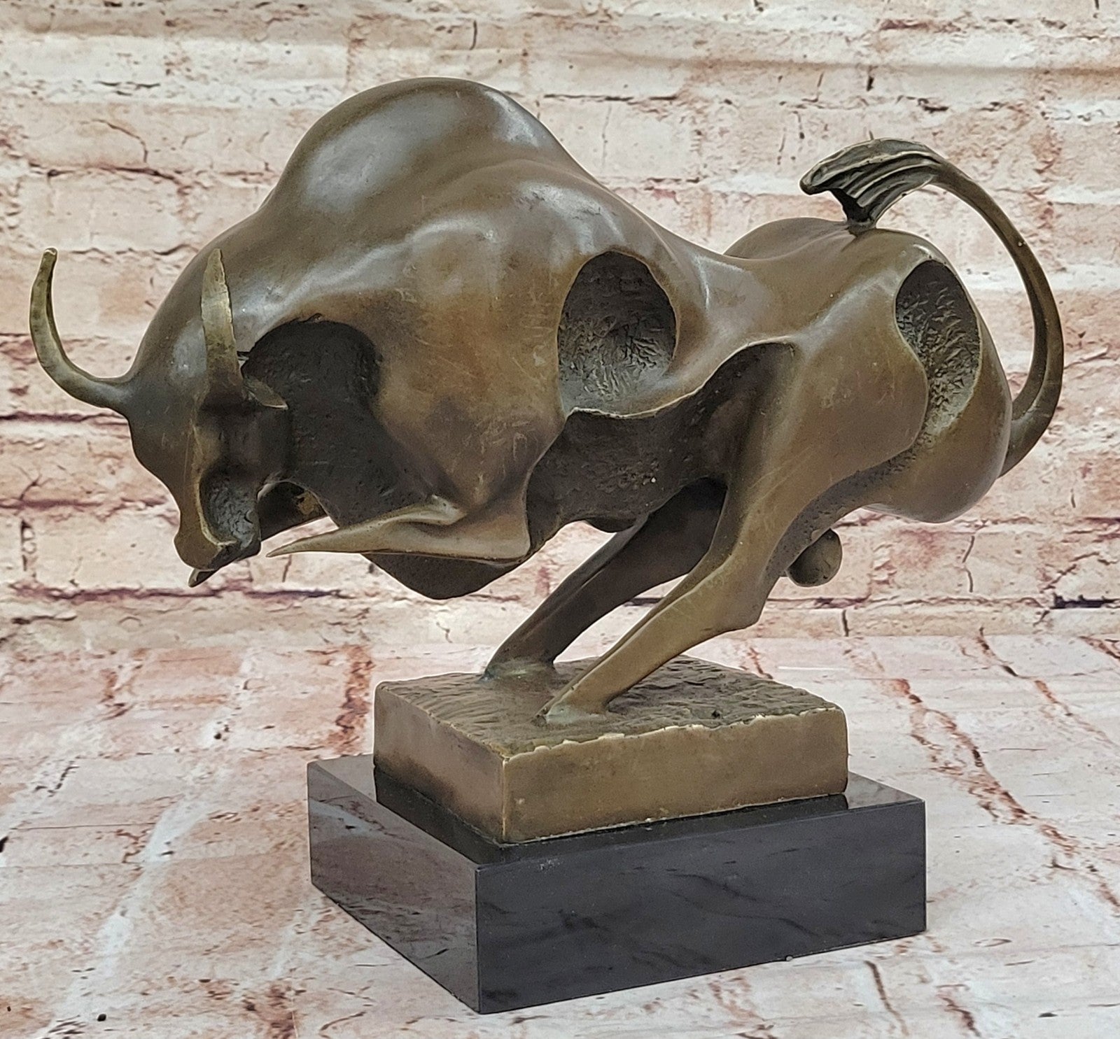 Solid Bronze Sculpture of a Bull Marble Base Abstract Art Deco Figurine Figure