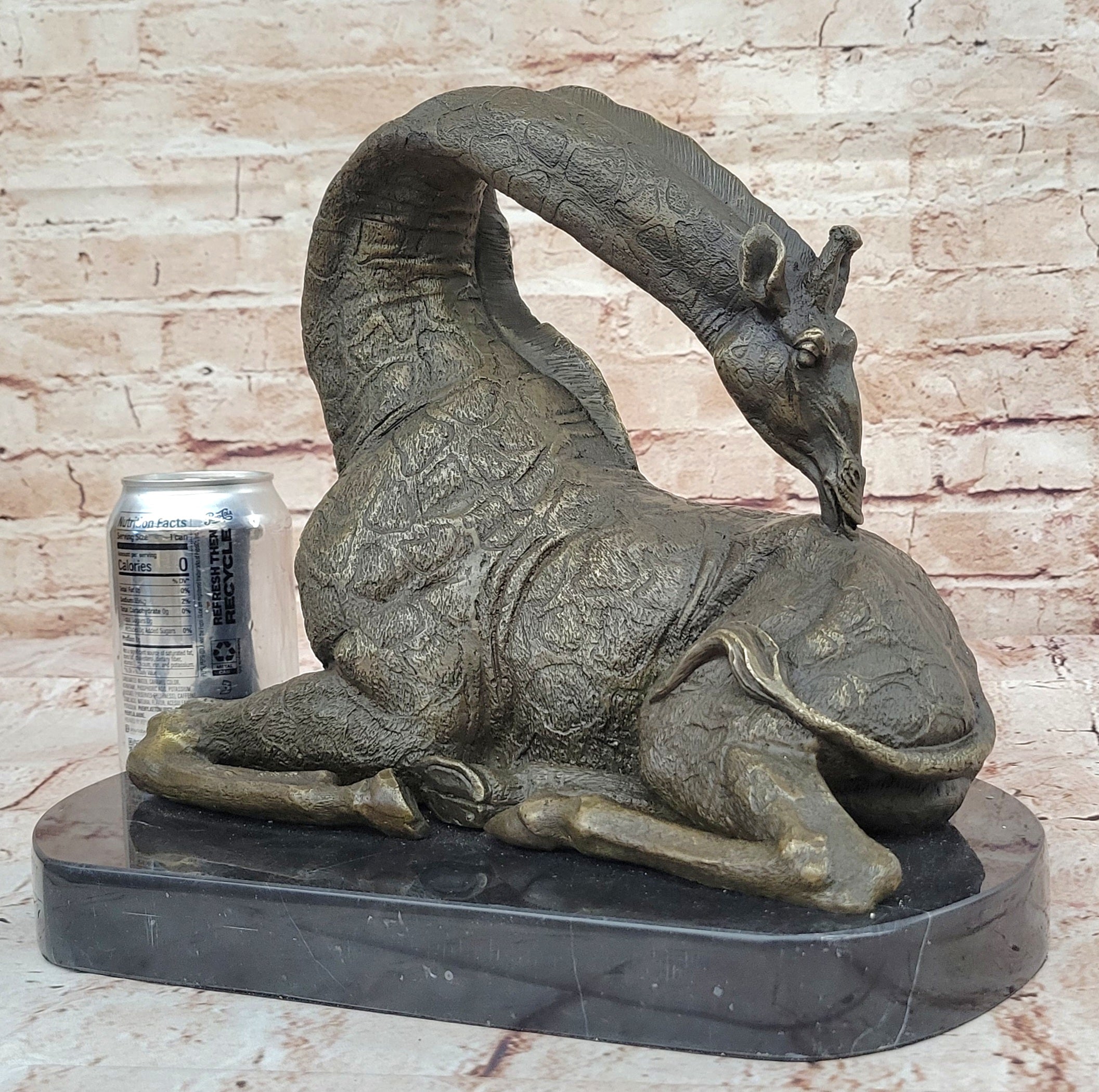 Original Signed African Graceful Giraffe Sitting Bronze Sculpture Marble Deco