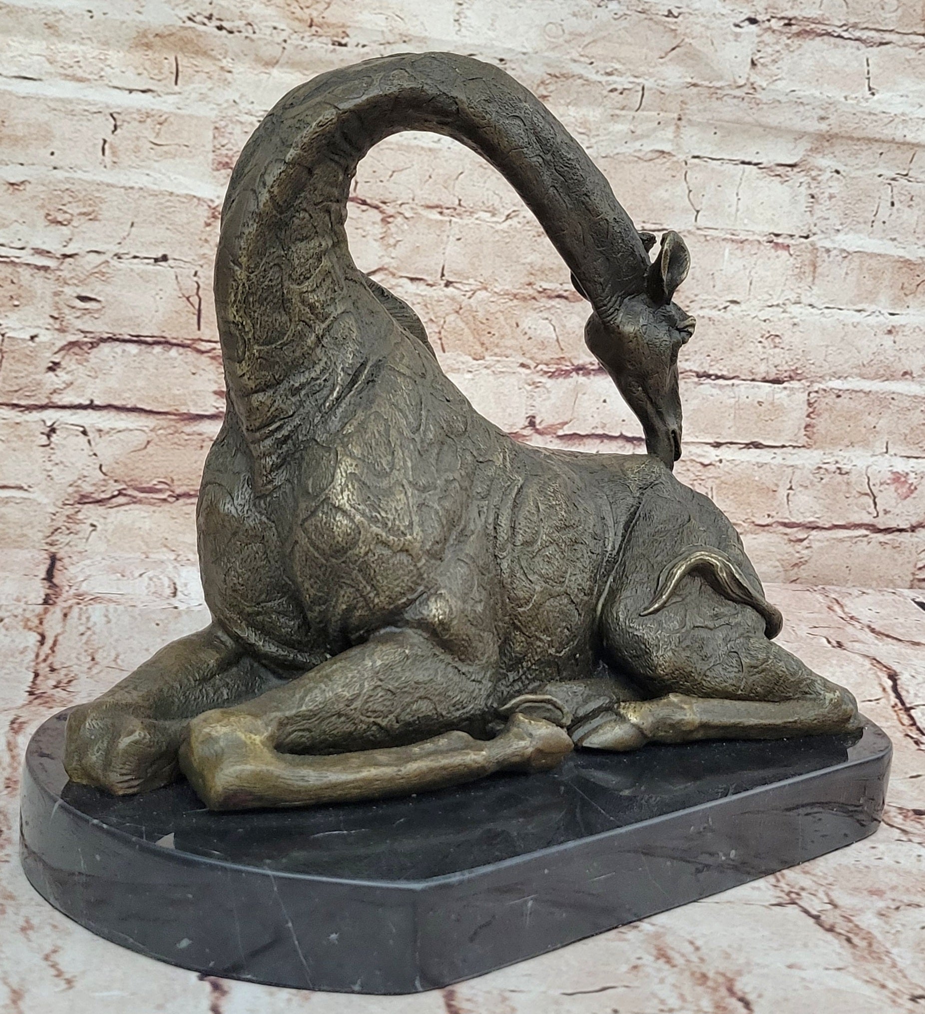 Original Signed African Graceful Giraffe Sitting Bronze Sculpture Marble Deco