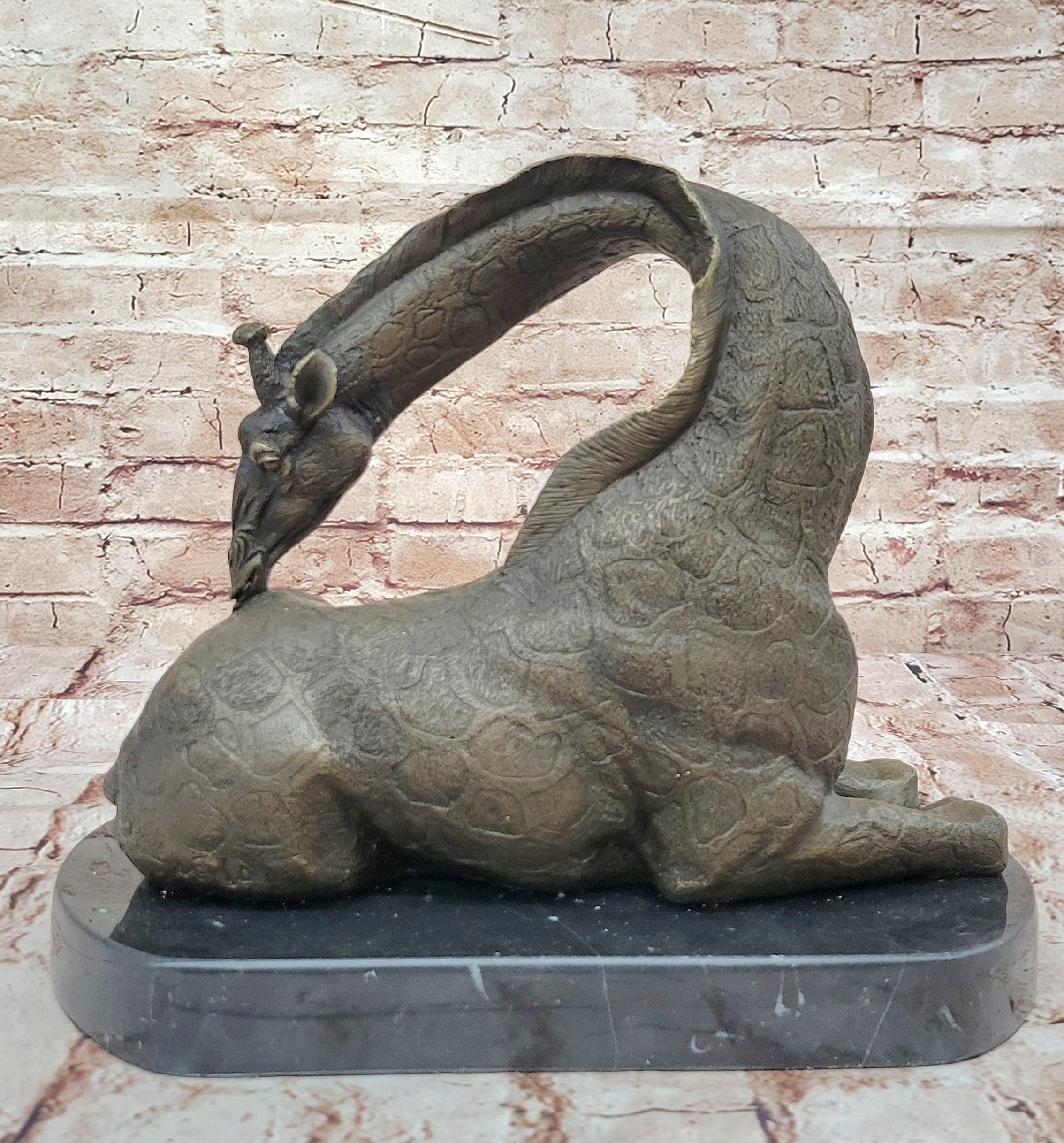 Original Signed African Graceful Giraffe Sitting Bronze Sculpture Marble Deco