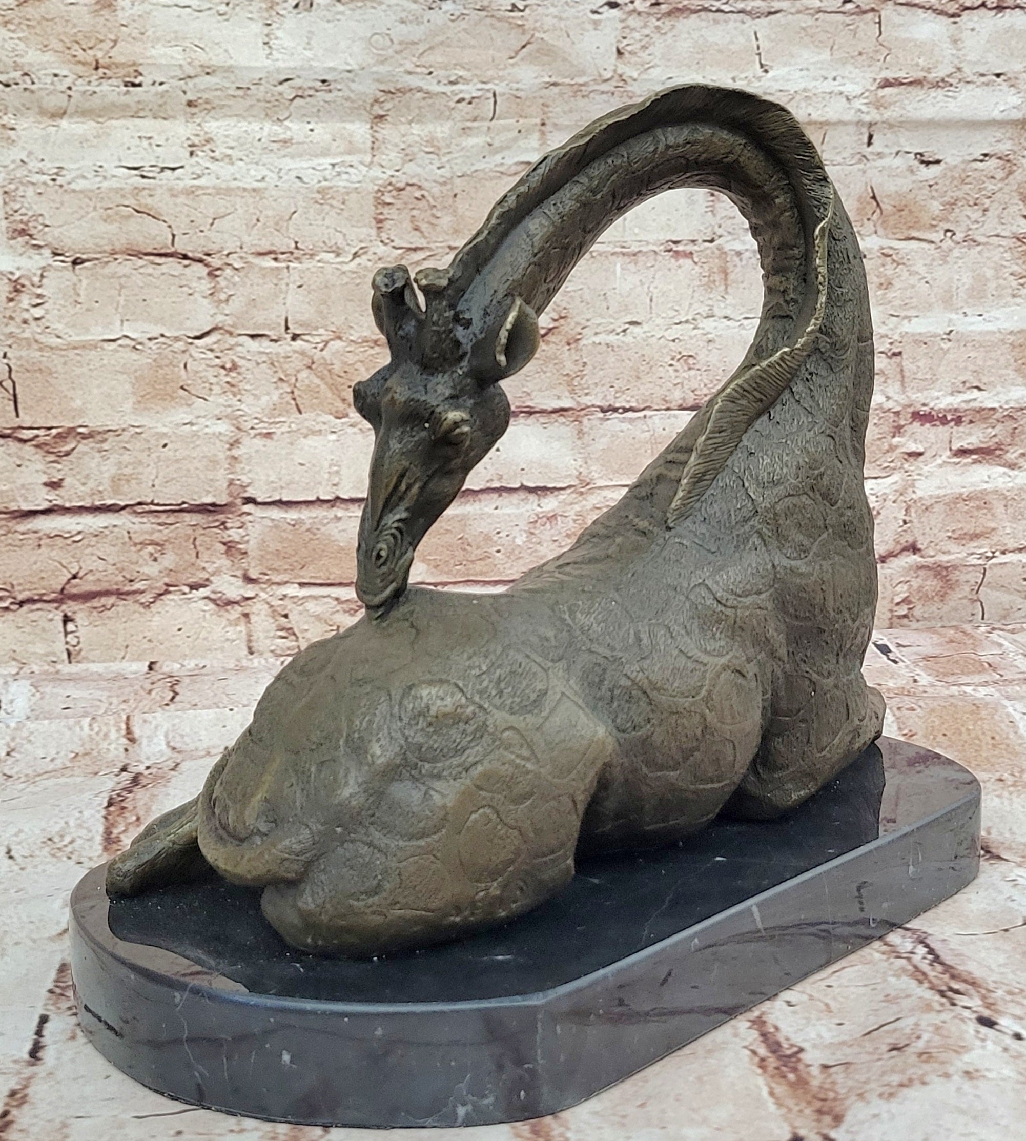 Original Signed African Graceful Giraffe Sitting Bronze Sculpture Marble Deco