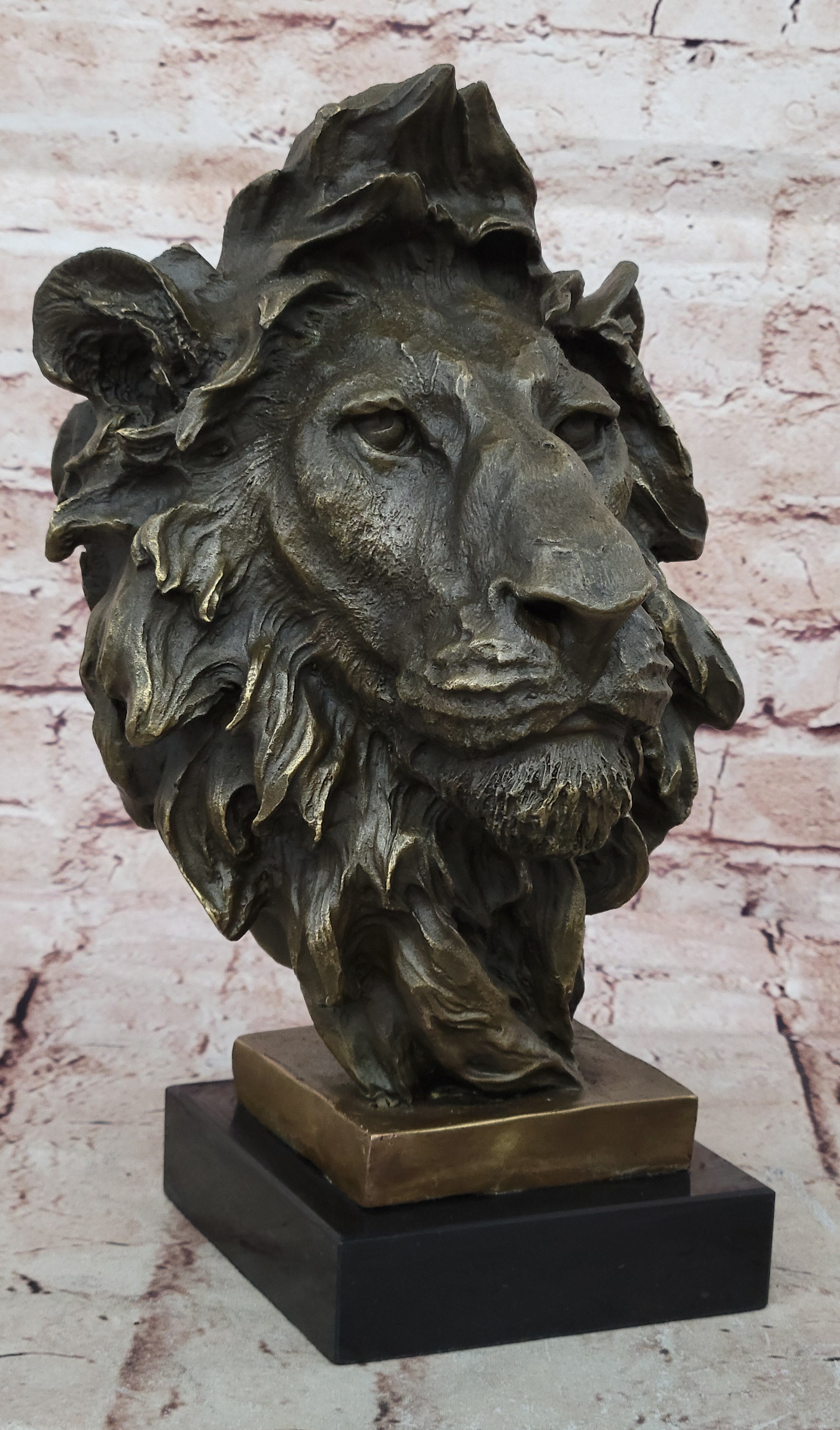 Signed Milo African Male Lion Bust Bronze Marble Sculpture Statue Decor Figurine