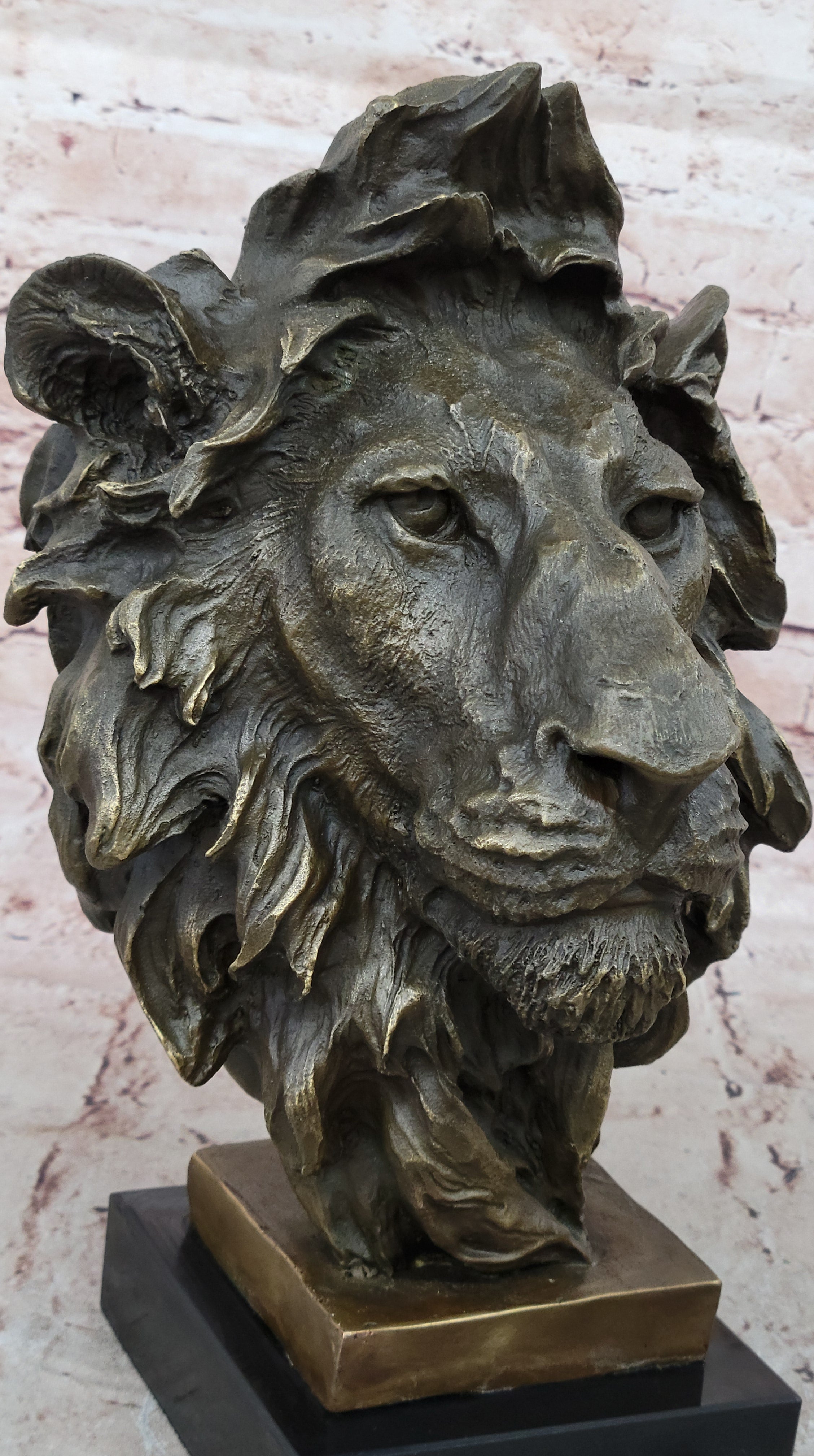 Signed Milo African Male Lion Bust Bronze Marble Sculpture Statue Decor Figurine